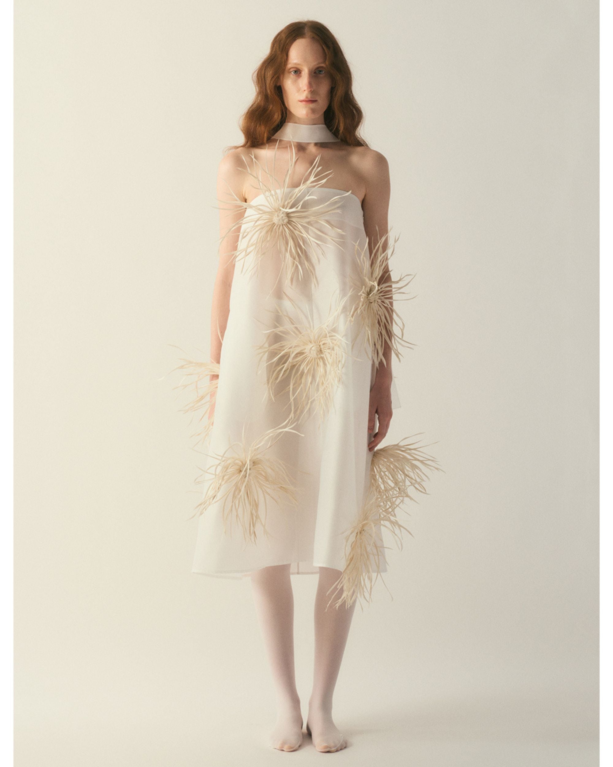 Strapless Altiora Overlapped Scarf Dress in silk-wool blend with ostrich feather embellishment
