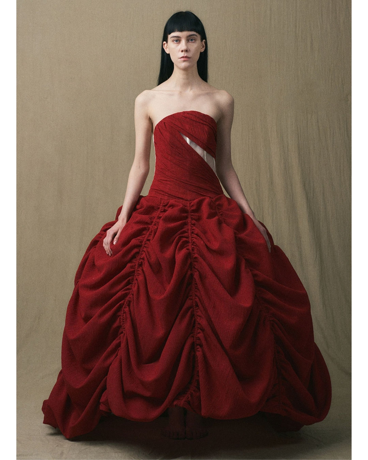 JINSUN Cut Out Bustier Evening Gown in deep red, front view