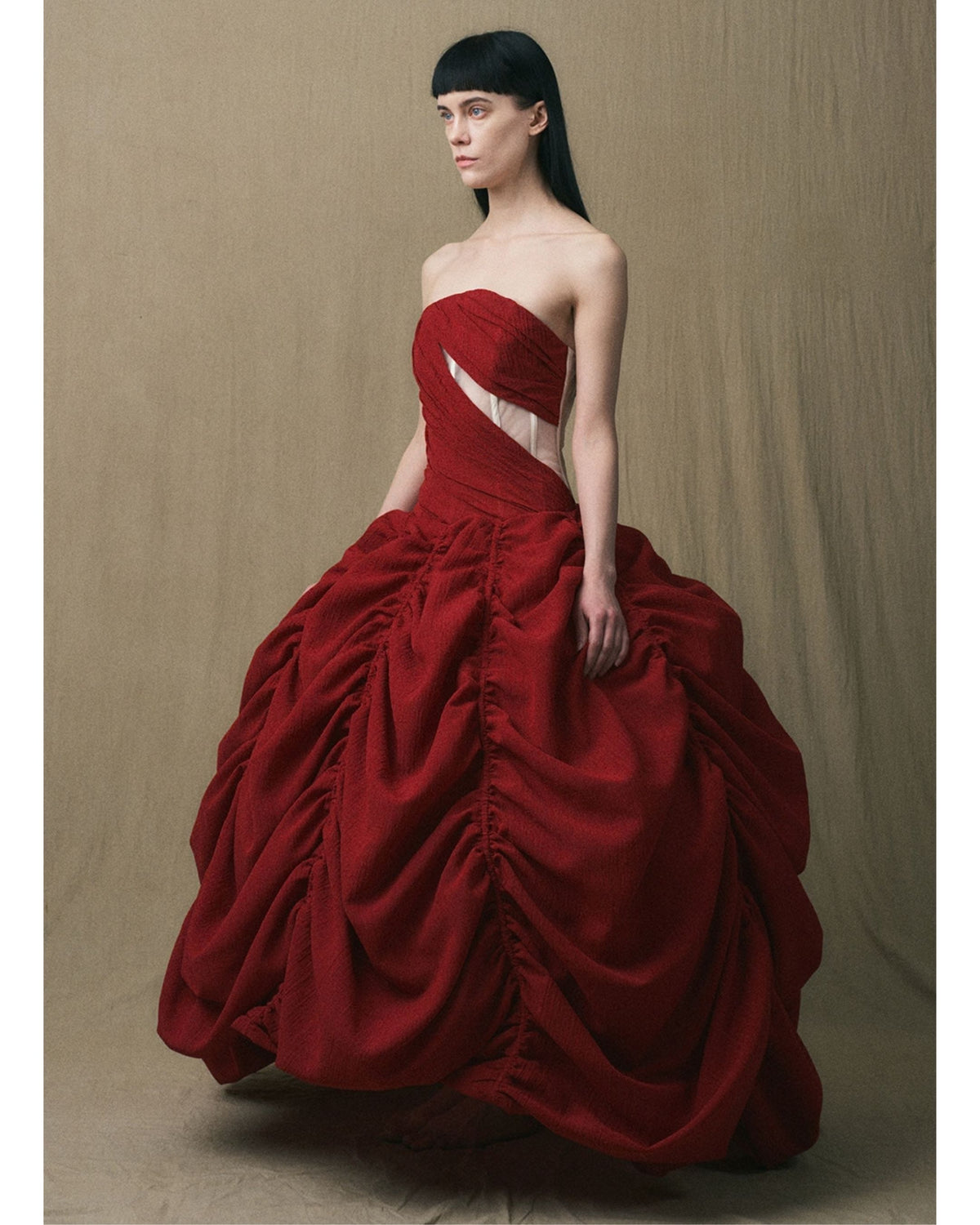 JINSUN red bustier evening gown, three-quarter view