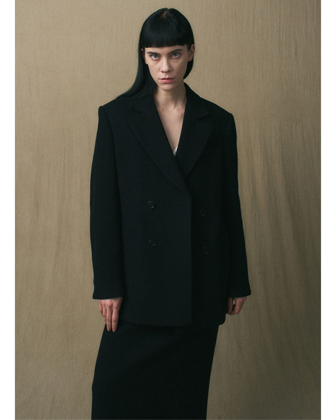 Front view of the JINSUN Double-Breasted Wool Jacket with padded shoulders and notch lapels