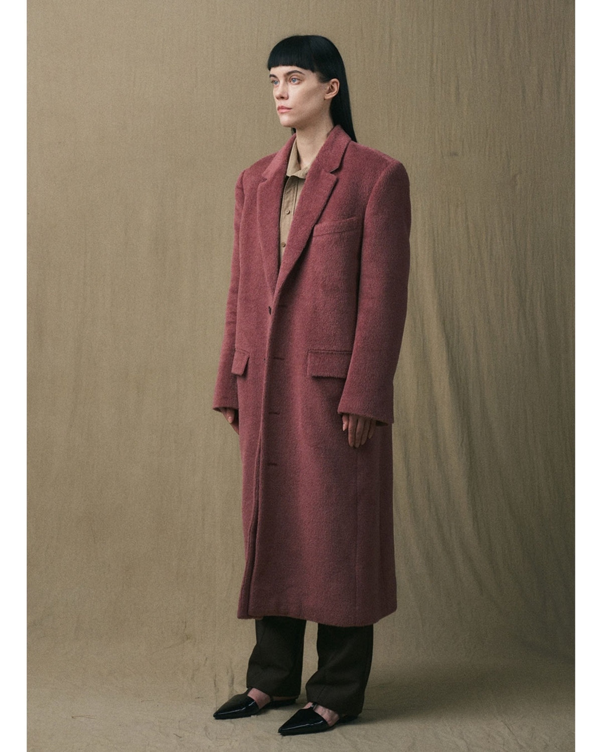 JINSUN Oversized Suri Alpaca Coat in muted rose, three-quarter view