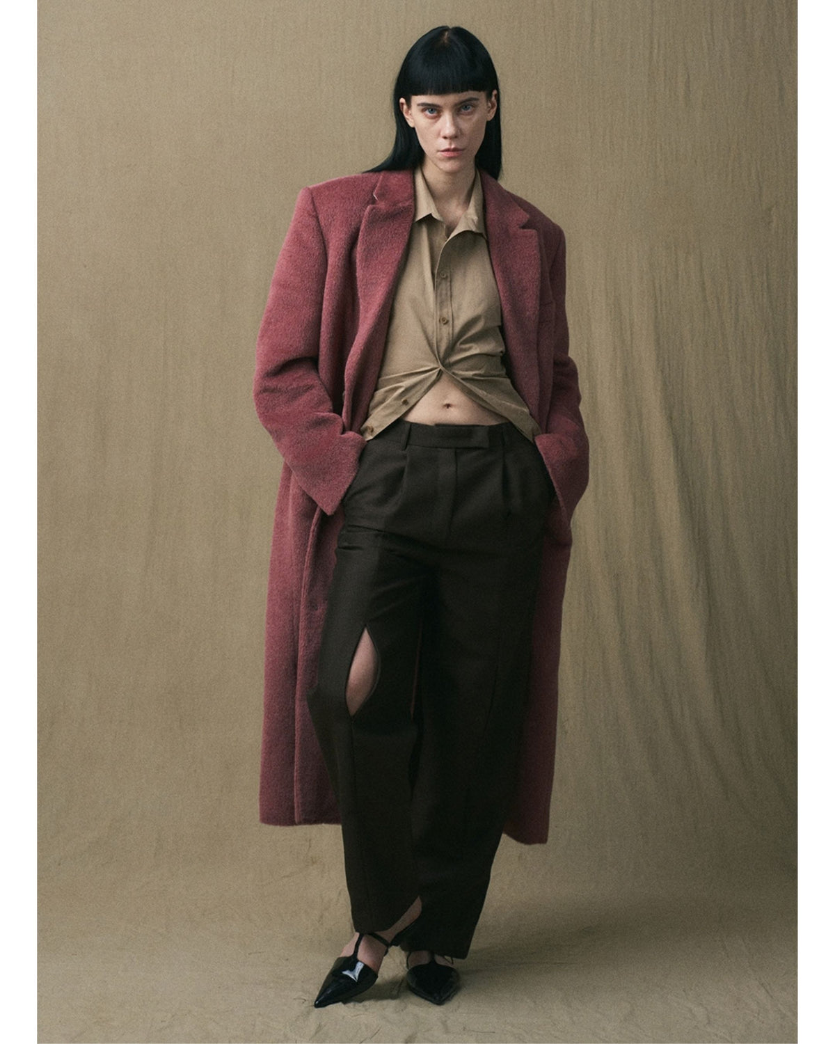 JINSUN Suri alpaca coat worn open, full-length front view