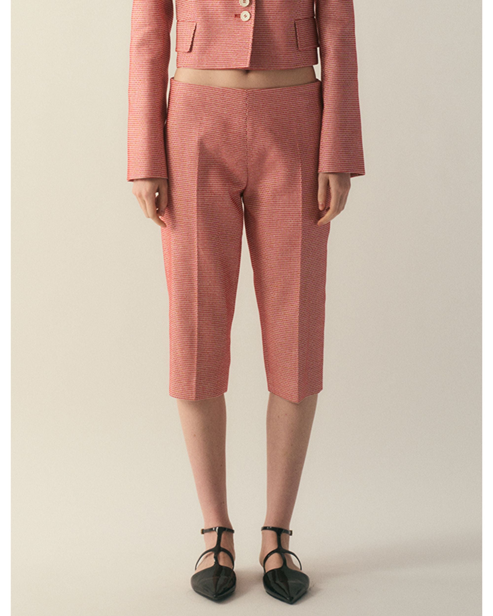 Front view of the Rosette Capri Pants in textured viscose–cotton fabric
