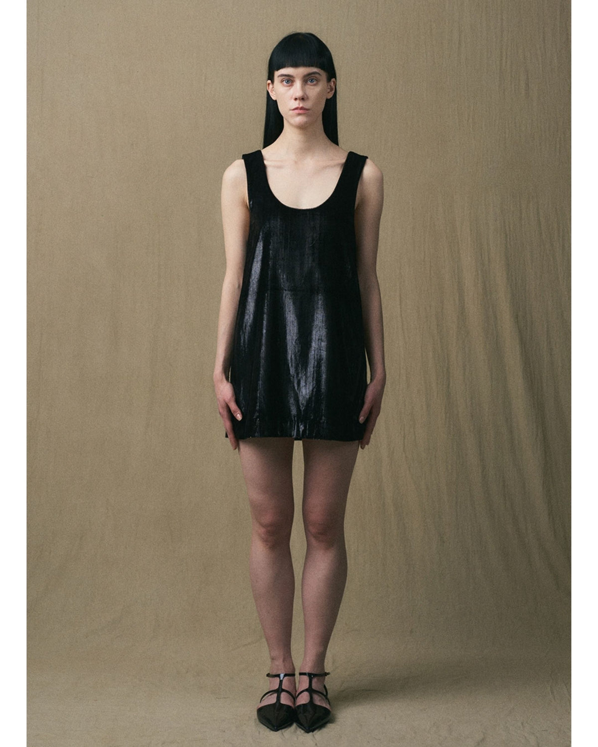 JINSUN black sequinned A-line mini dress, full-length front viewJINSUN black sequinned A-line mini dress, full-length front view