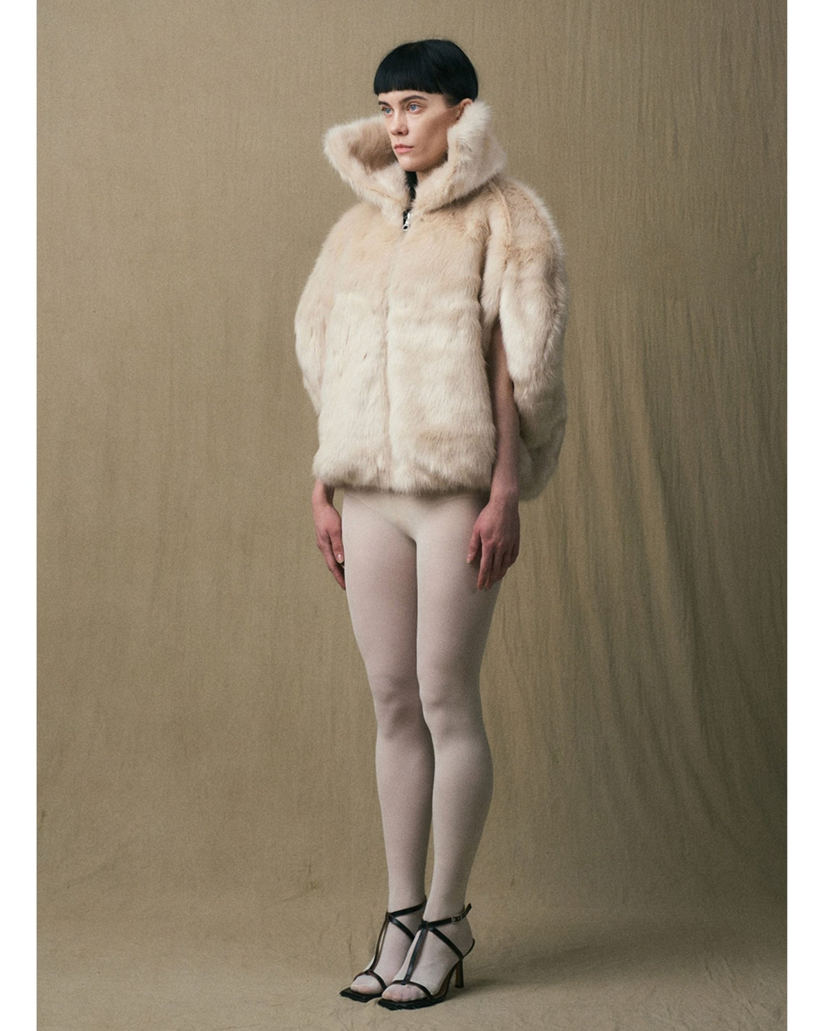 JINSUN ivory cape blouson, three-quarter view