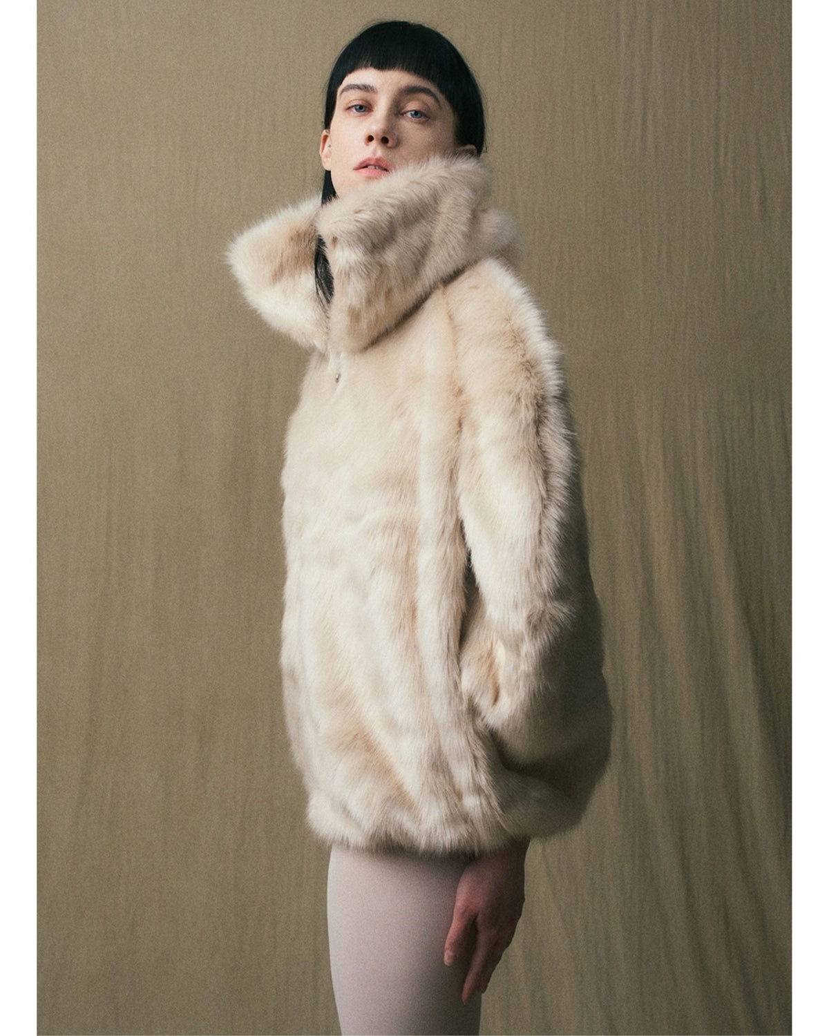 JINSUN ivory cape blouson with oversized hood, side view