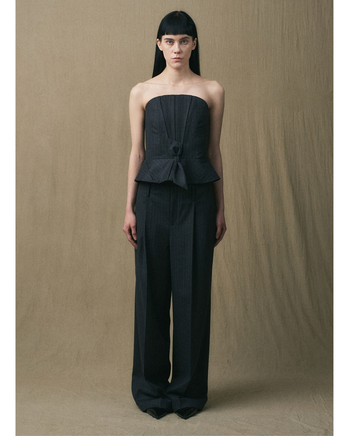 JINSUN Wool-Cashmere Corset Top with structured peplum and bow detail