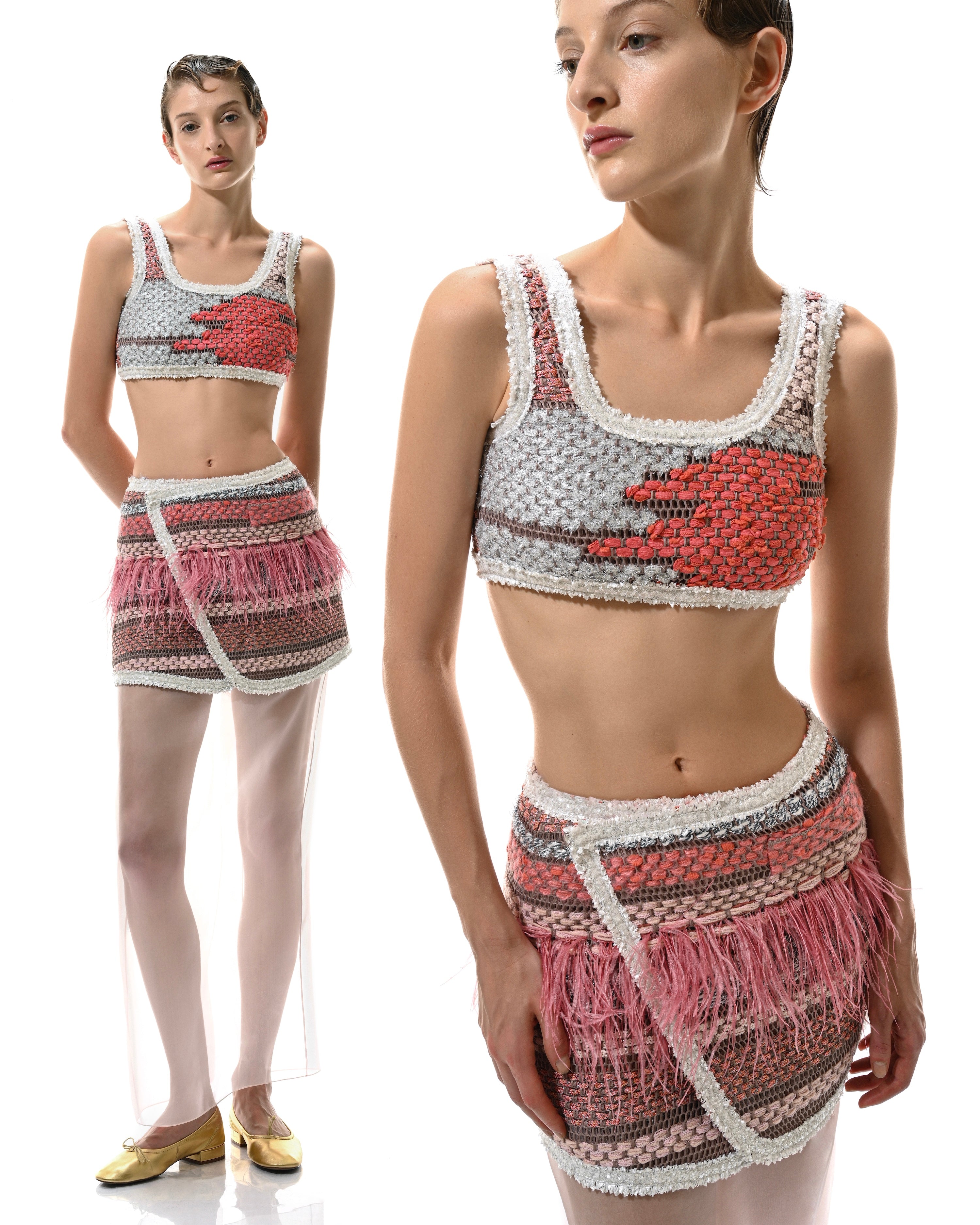 Model wearing the Avril Top styled with matching skirt