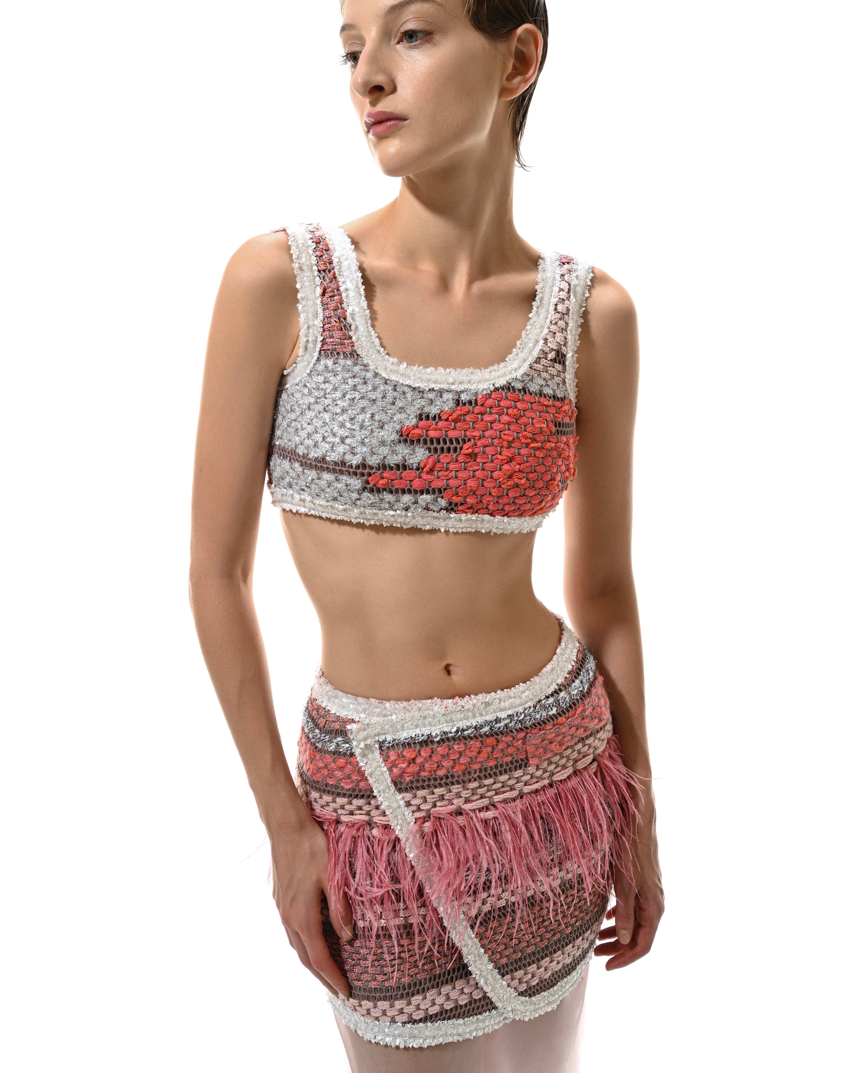 Model wearing the Avril Top styled with matching skirt