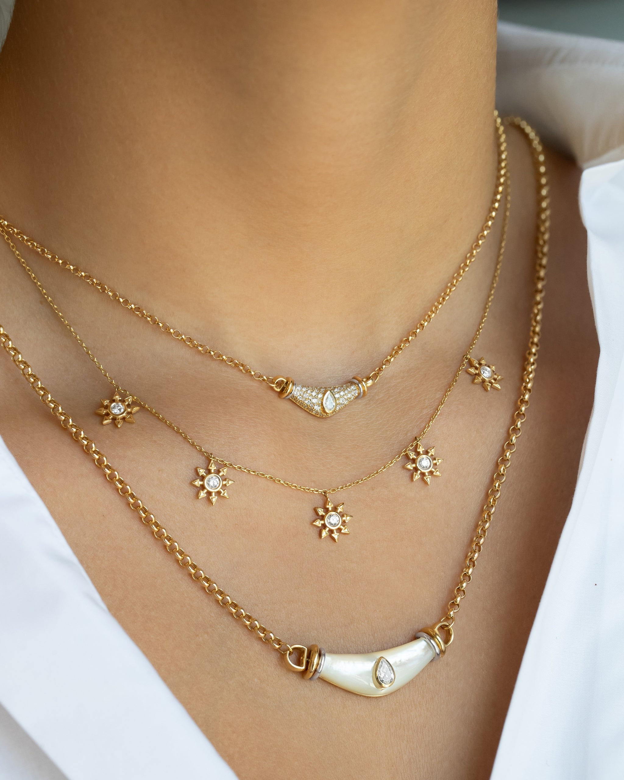 L’Atelier Nawbar Full Pear Diamond Karma Necklace — worn layered