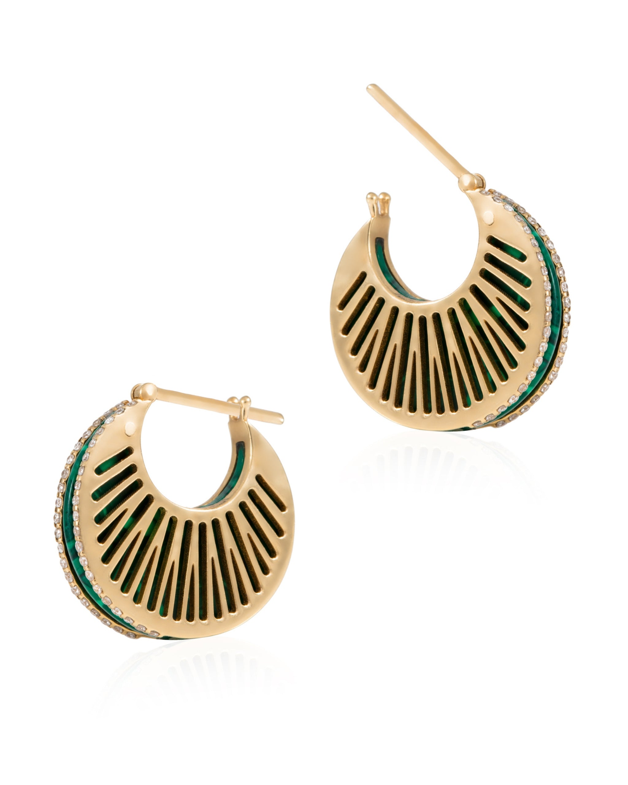 L’Atelier Nawbar Stoned Rays Hoops in Malachite and Diamond — angled pair