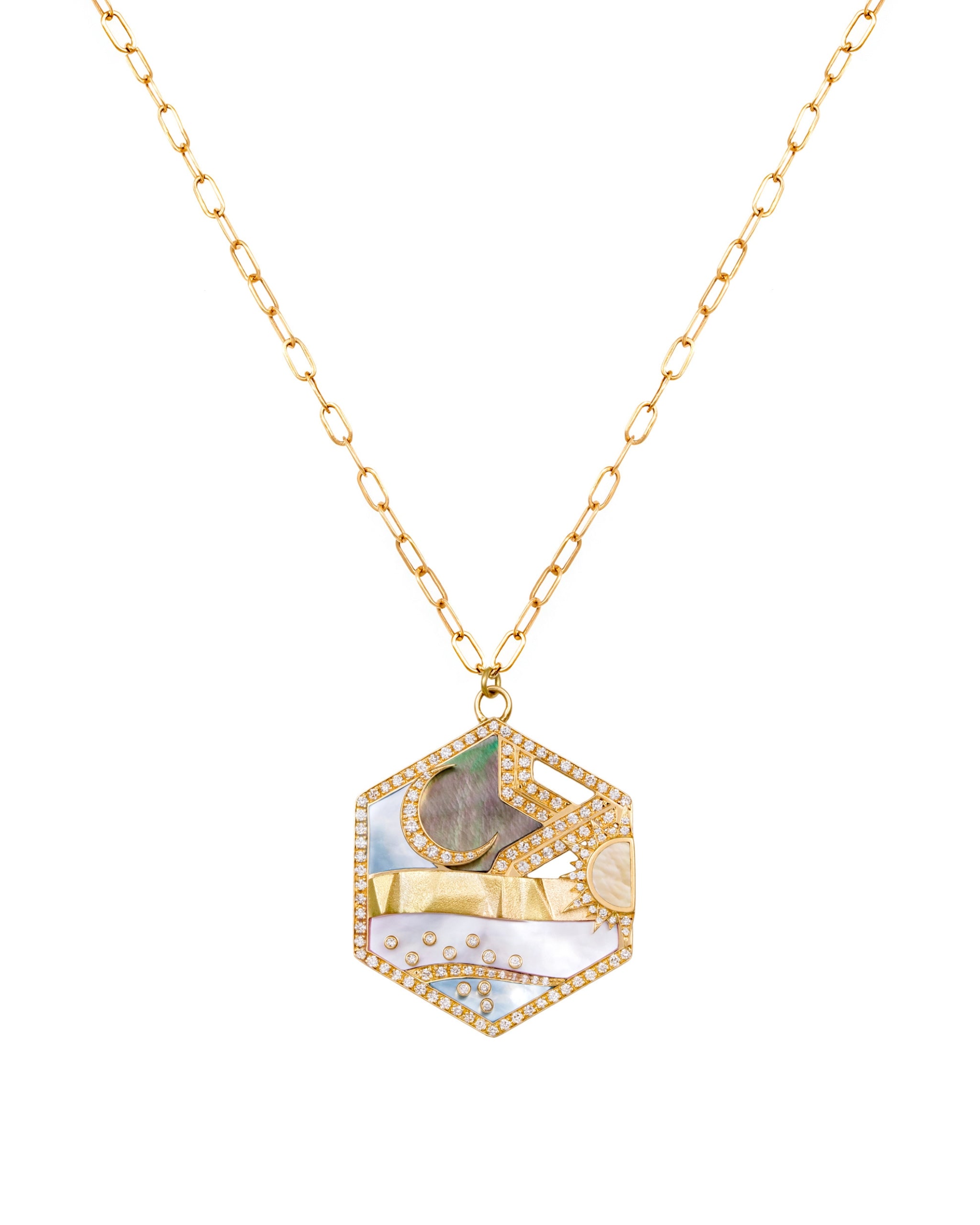 L’Atelier Nawbar Biladi Pendant — 18K gold hexagon with mother of pearl — front view