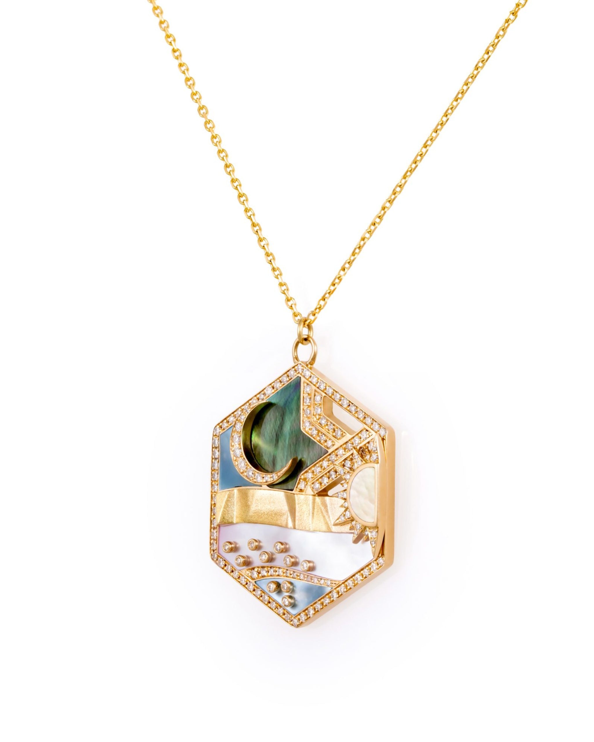 L’Atelier Nawbar Biladi Pendant — angled view showing celestial details