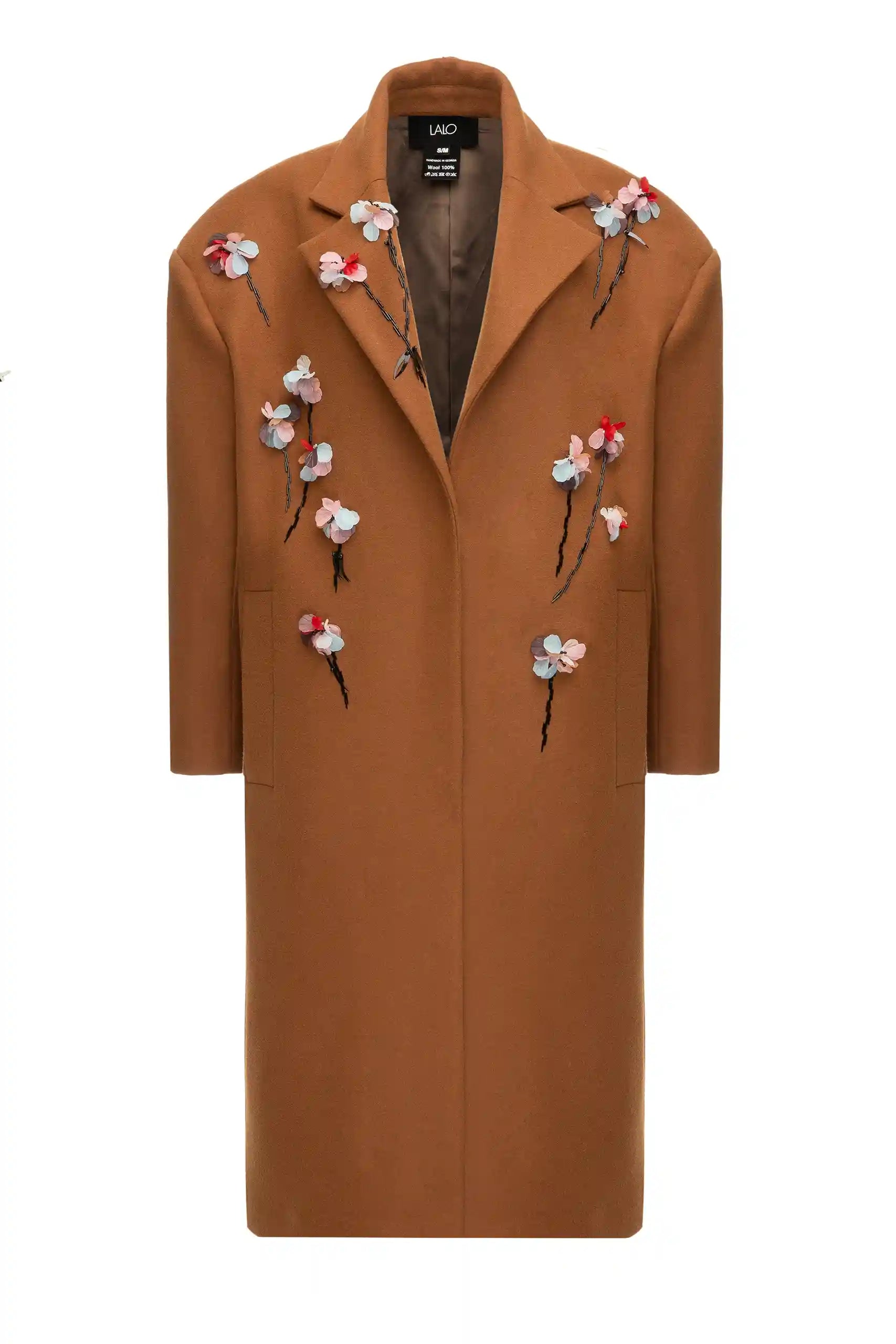 Front view of the Floris Coat in brown wool with hand-applied floral embellishments
