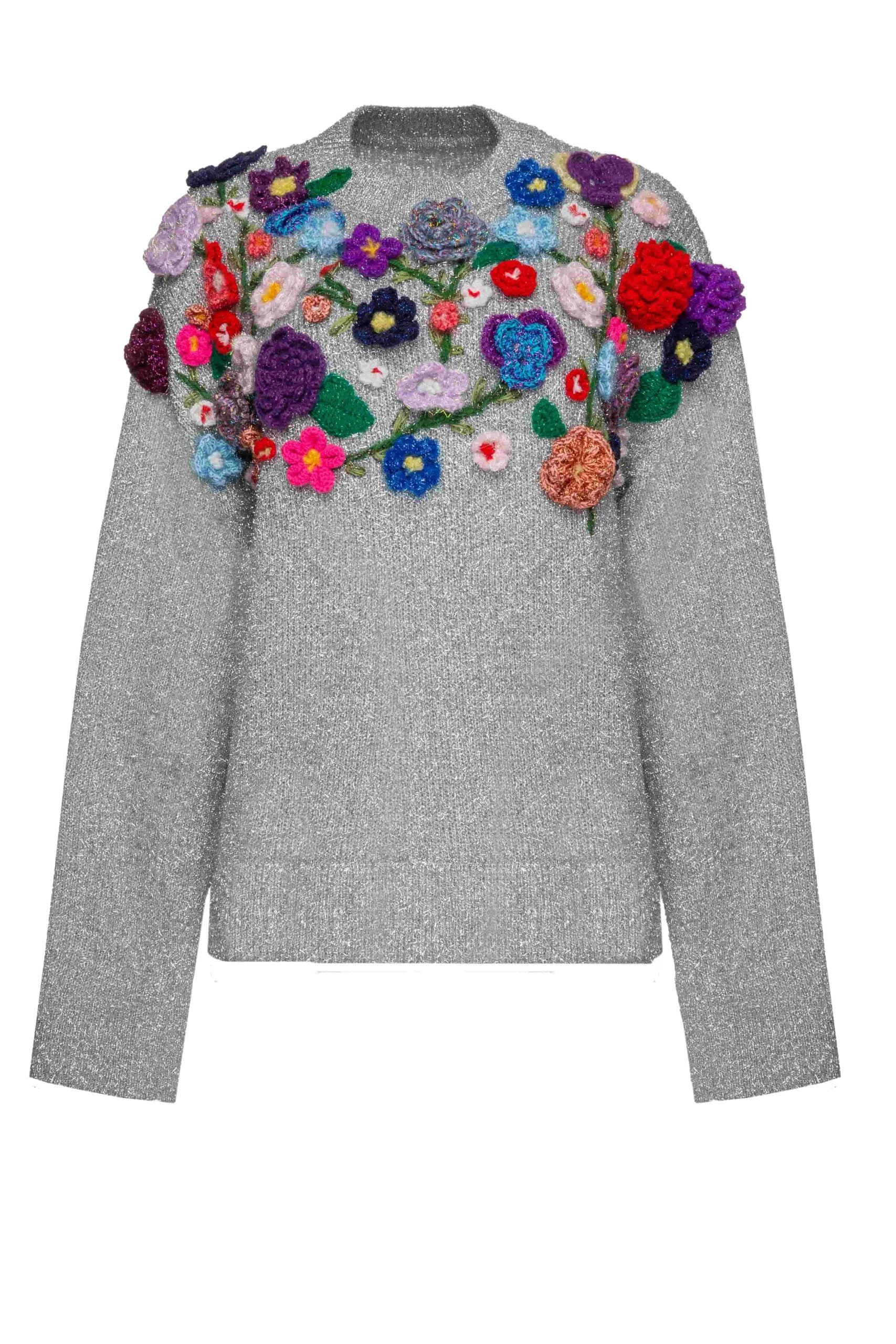 Front view of the Floris Sweater with hand-applied floral crochet detailing
