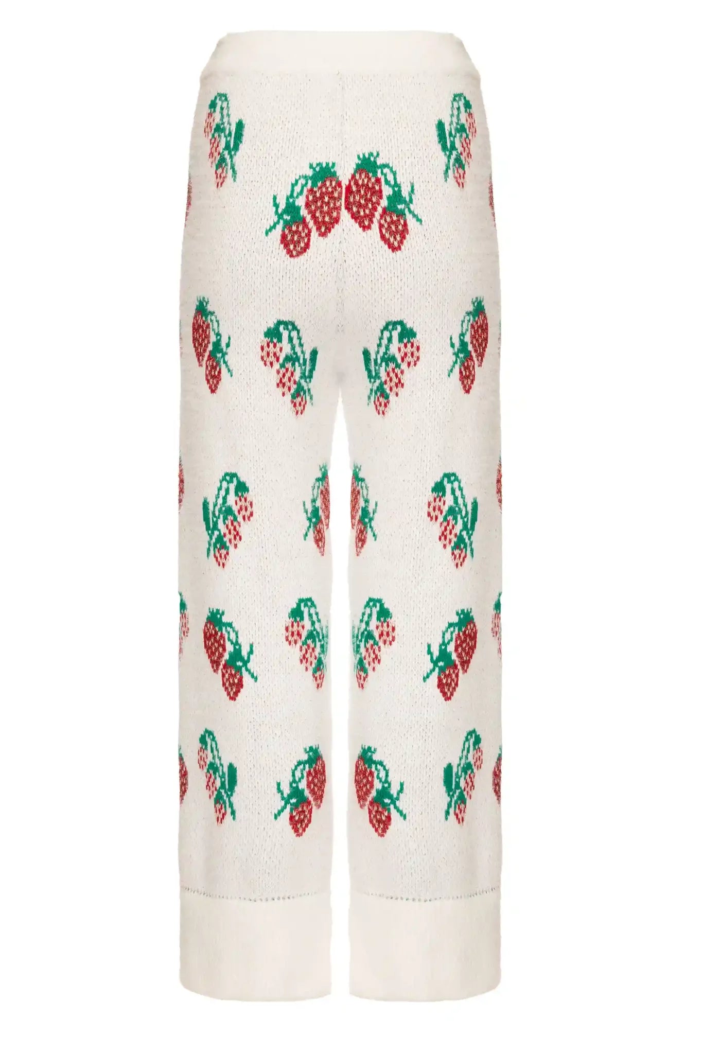 White knit pants with strawberry motif, front view
