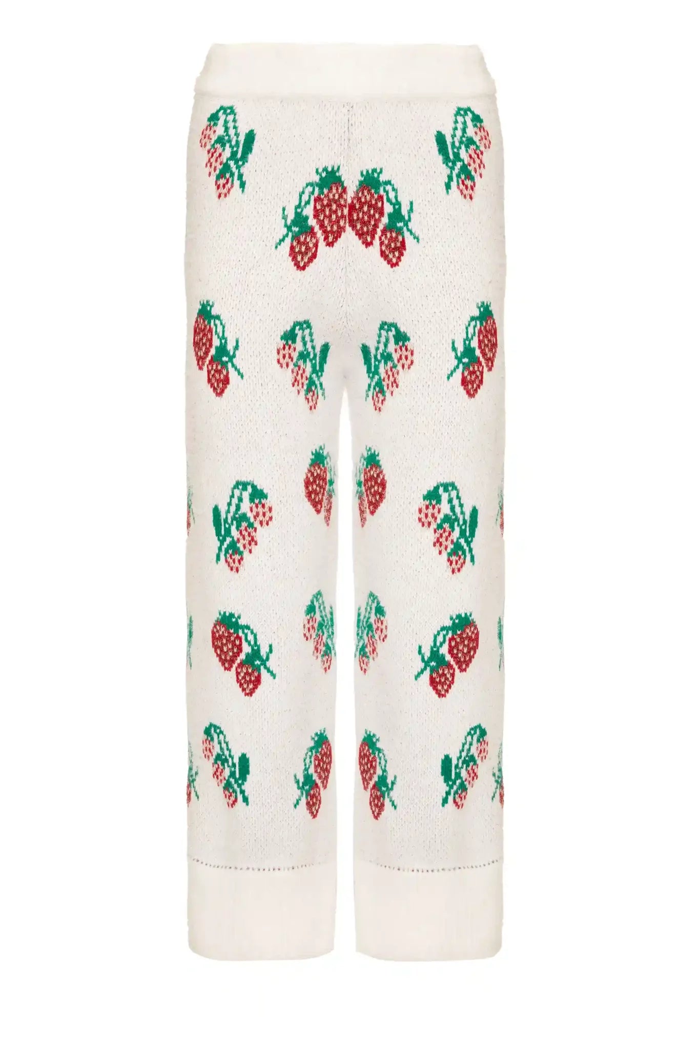 Detail view of strawberry knit pattern and elasticated waistband