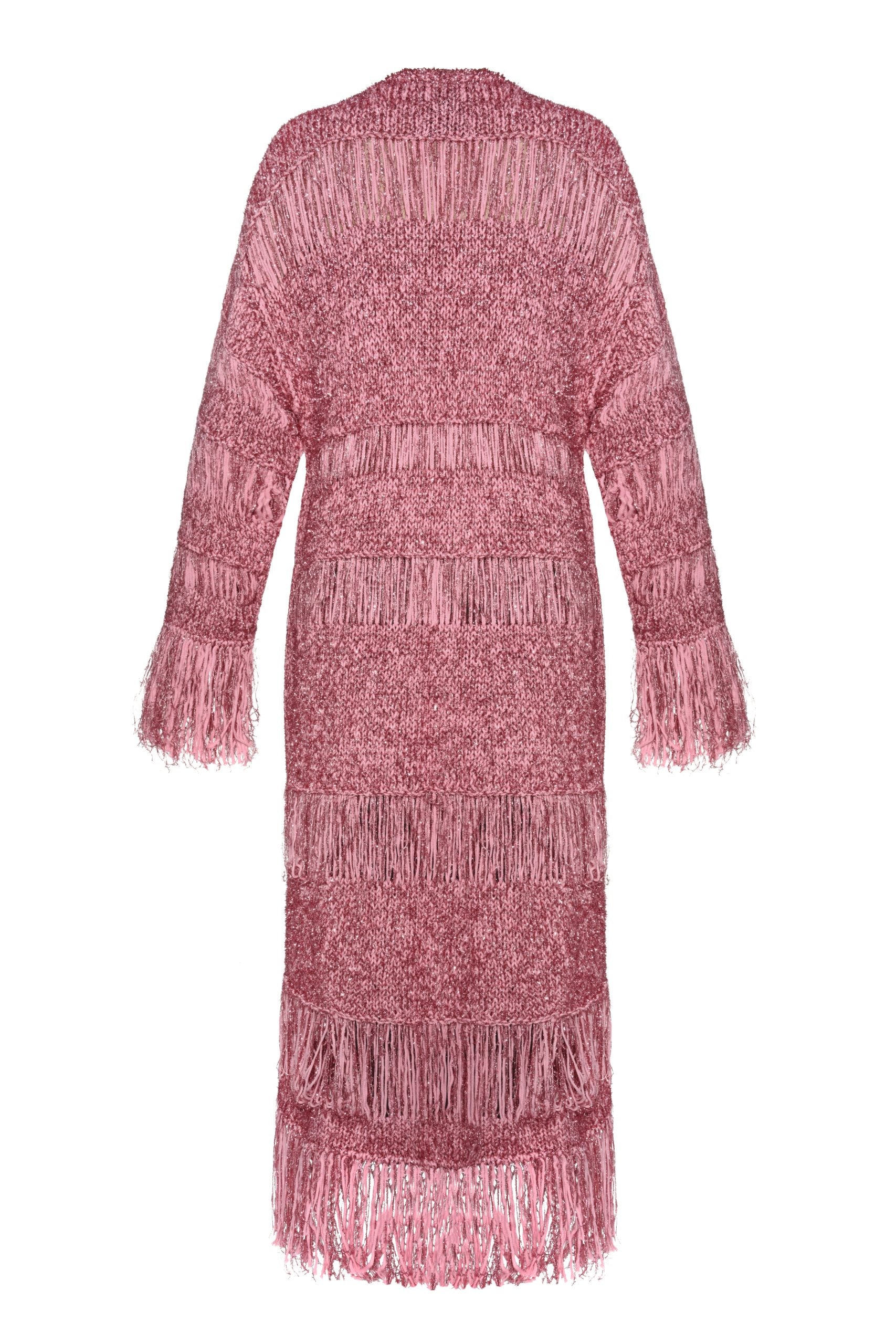 Back view of knitted coat showing elongated silhouette