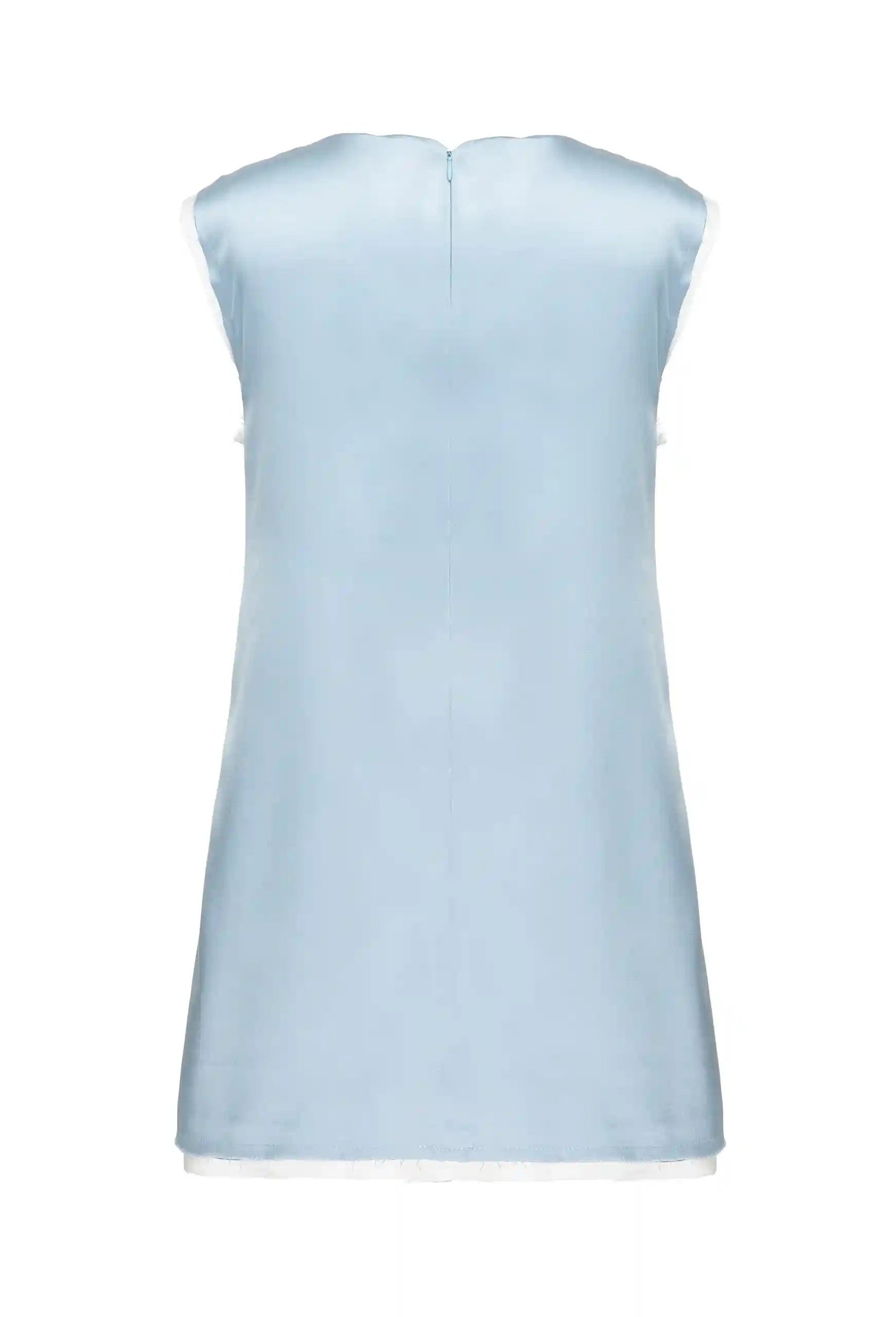 Back view of sleeveless light blue silk dress