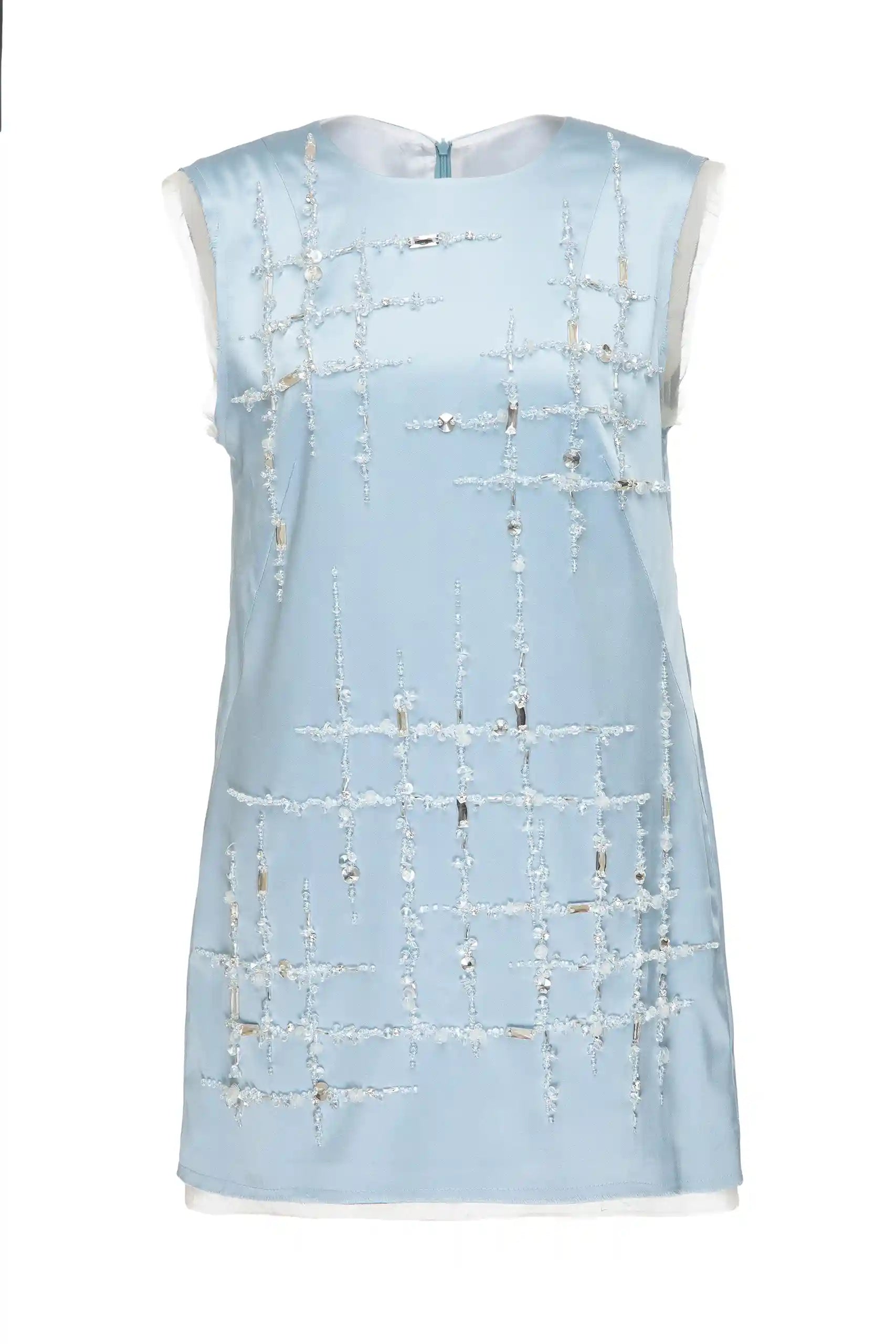 Sleeveless light blue silk dress with beaded embroidery on front