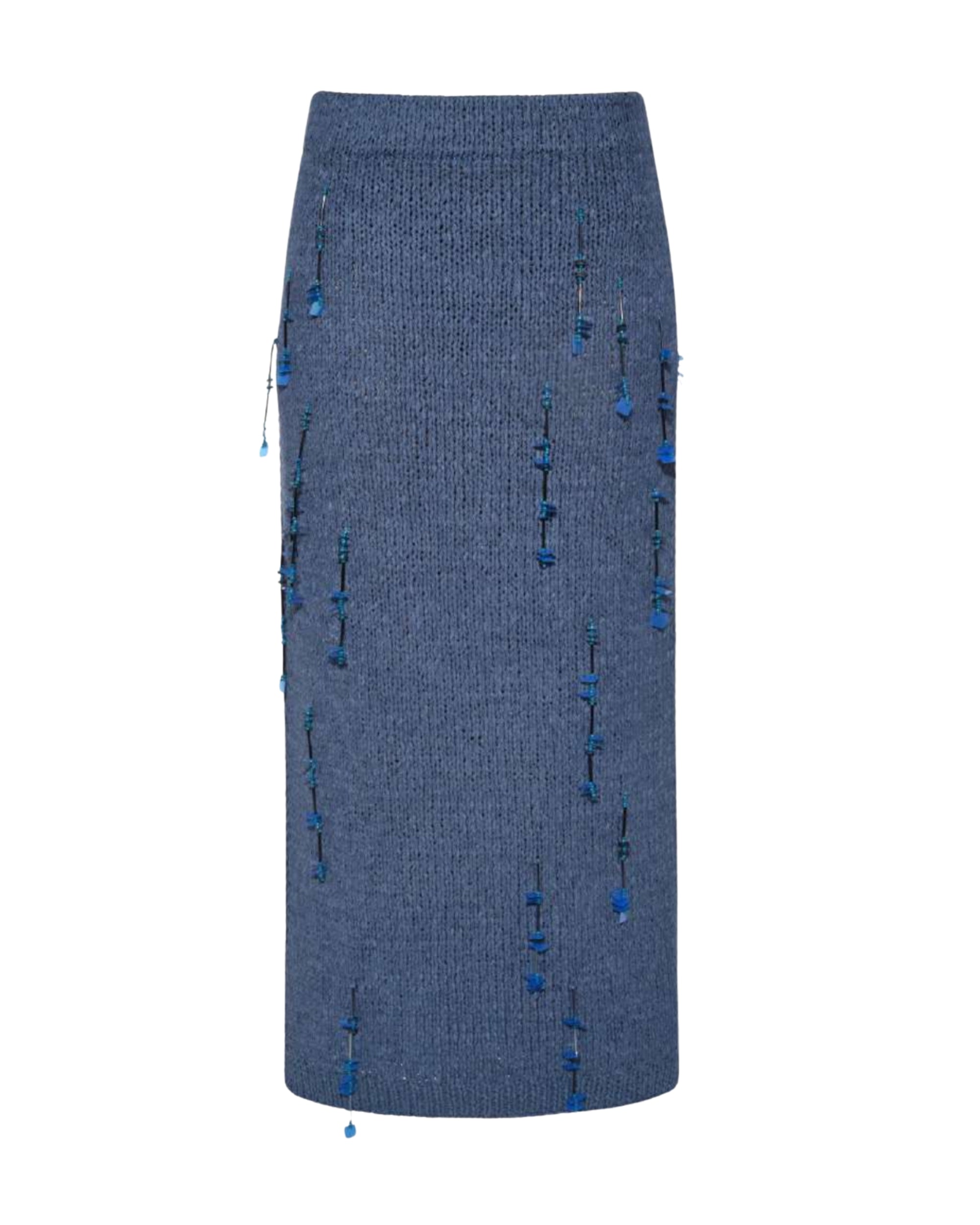 Front view of knit midi skirt with hand-applied embellishment