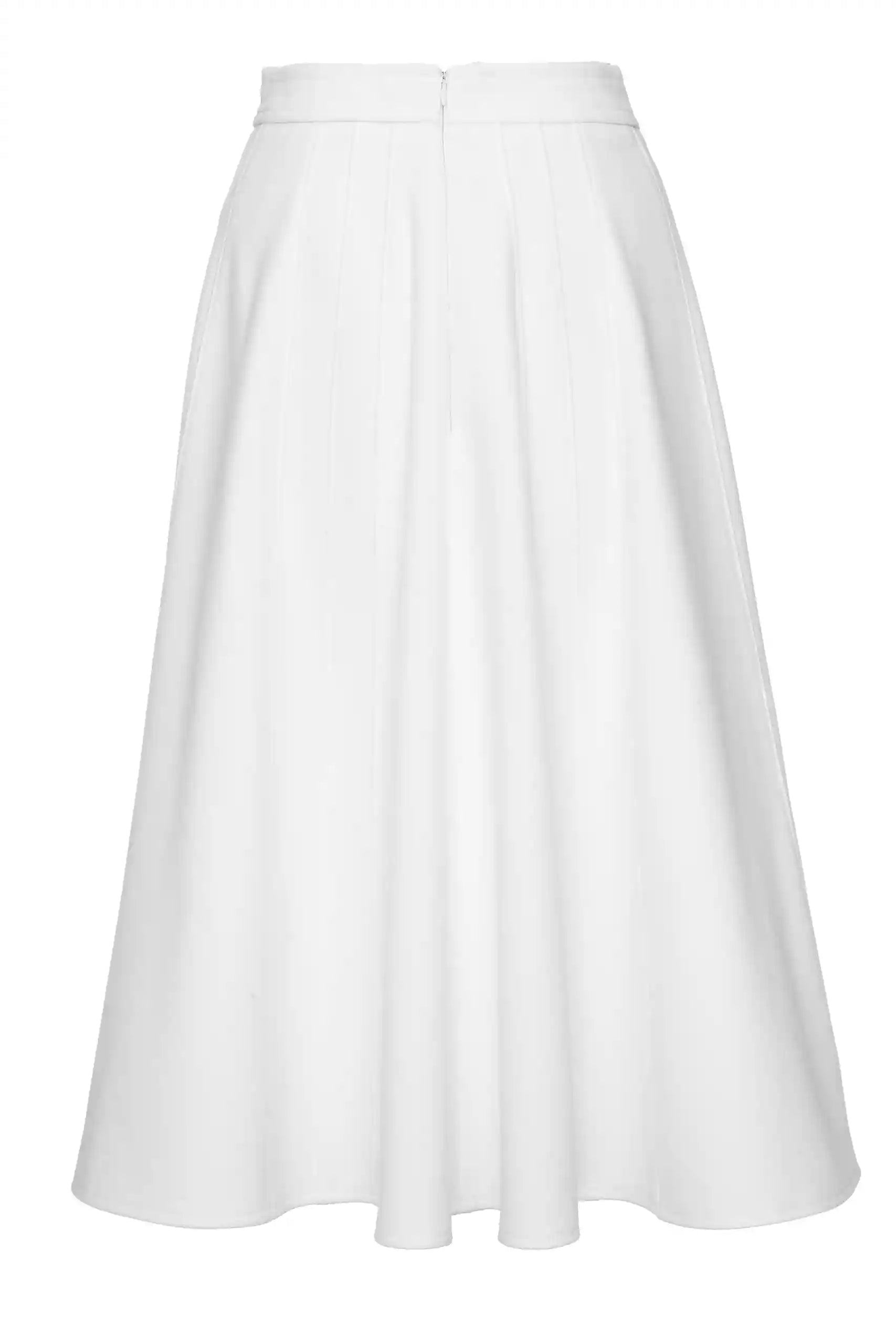 Back view of white wool midi skirt with clean waistband and concealed zip