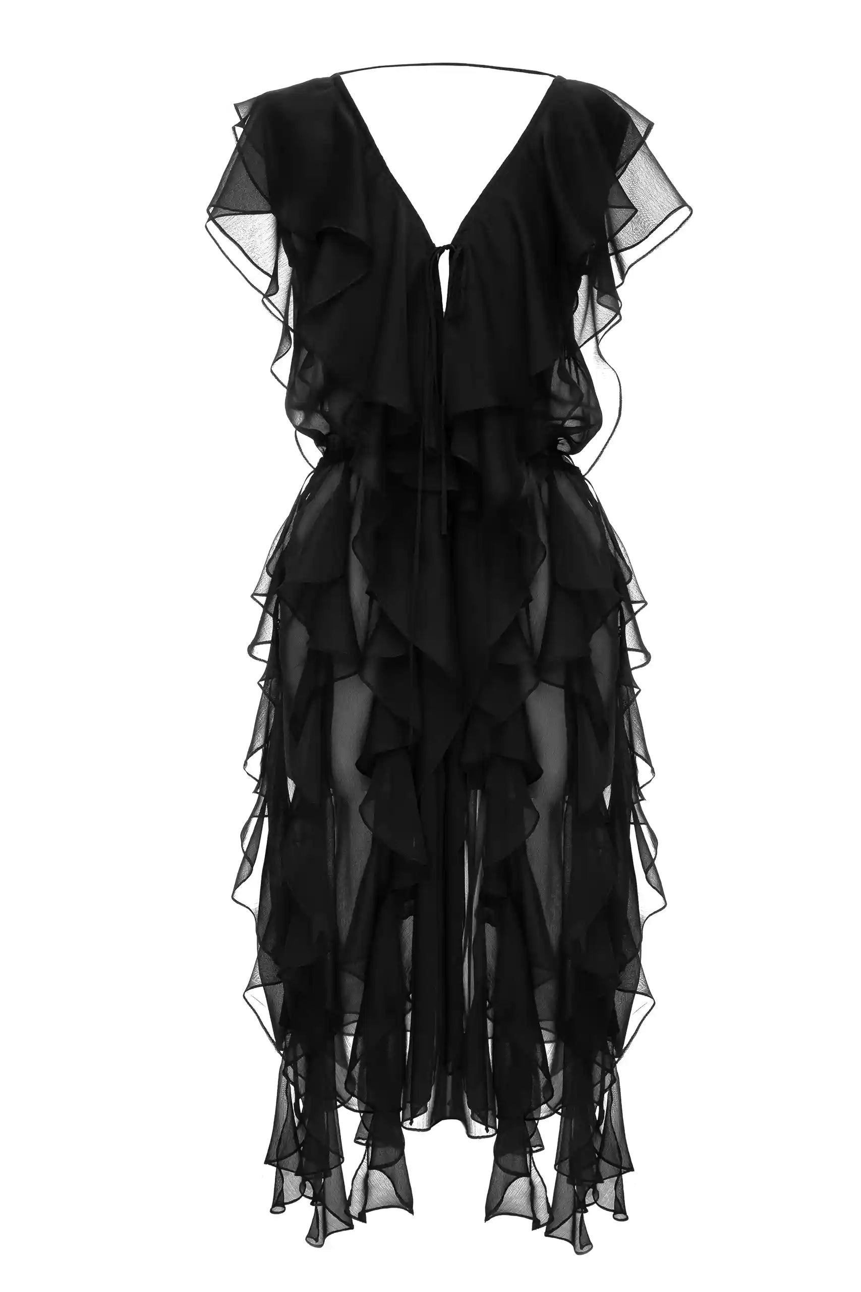 Front view of the Ondy Dress by Lalo Cardigans in black silk with cascading ruffles