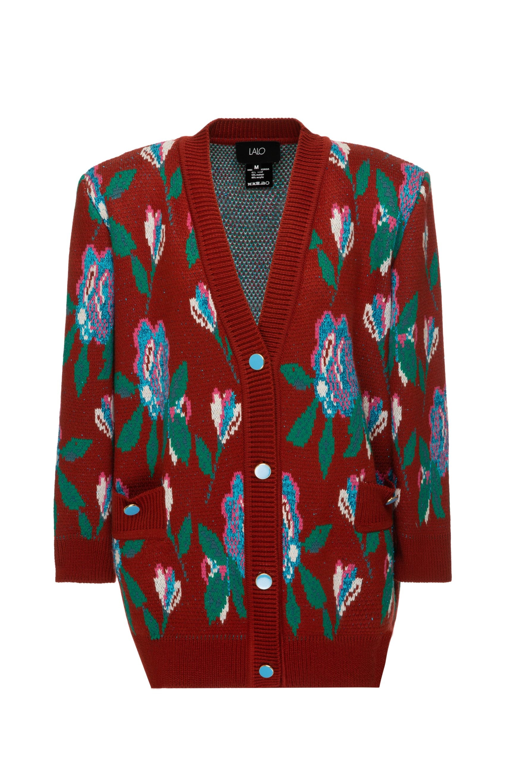 Front view of the Lalo Red Sequence Cardigan showcasing floral jacquard pattern and V-neckline
