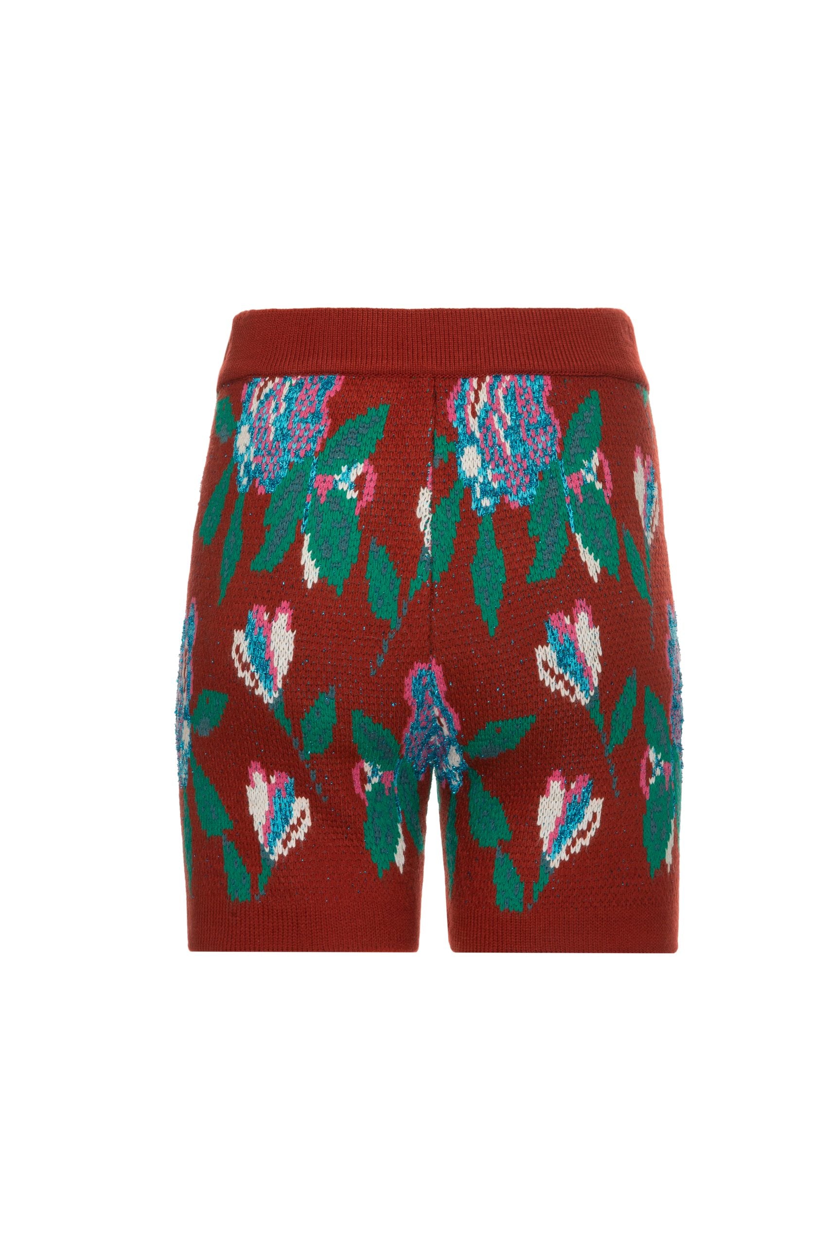 Back view of red floral jacquard knit shorts by Lalo Cardigans