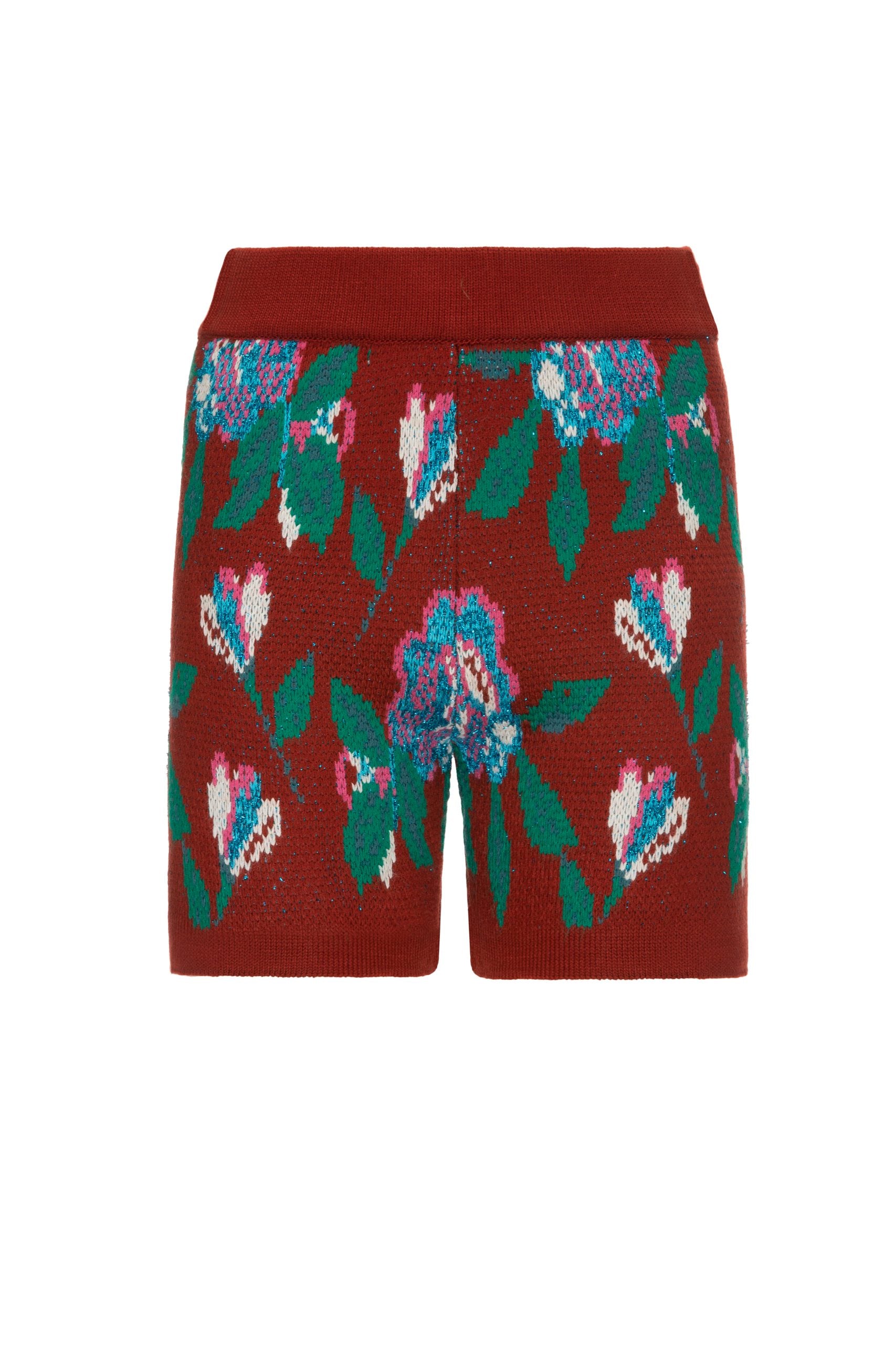 Red hand-knitted floral jacquard shorts with elastic waistband by Lalo Cardigans