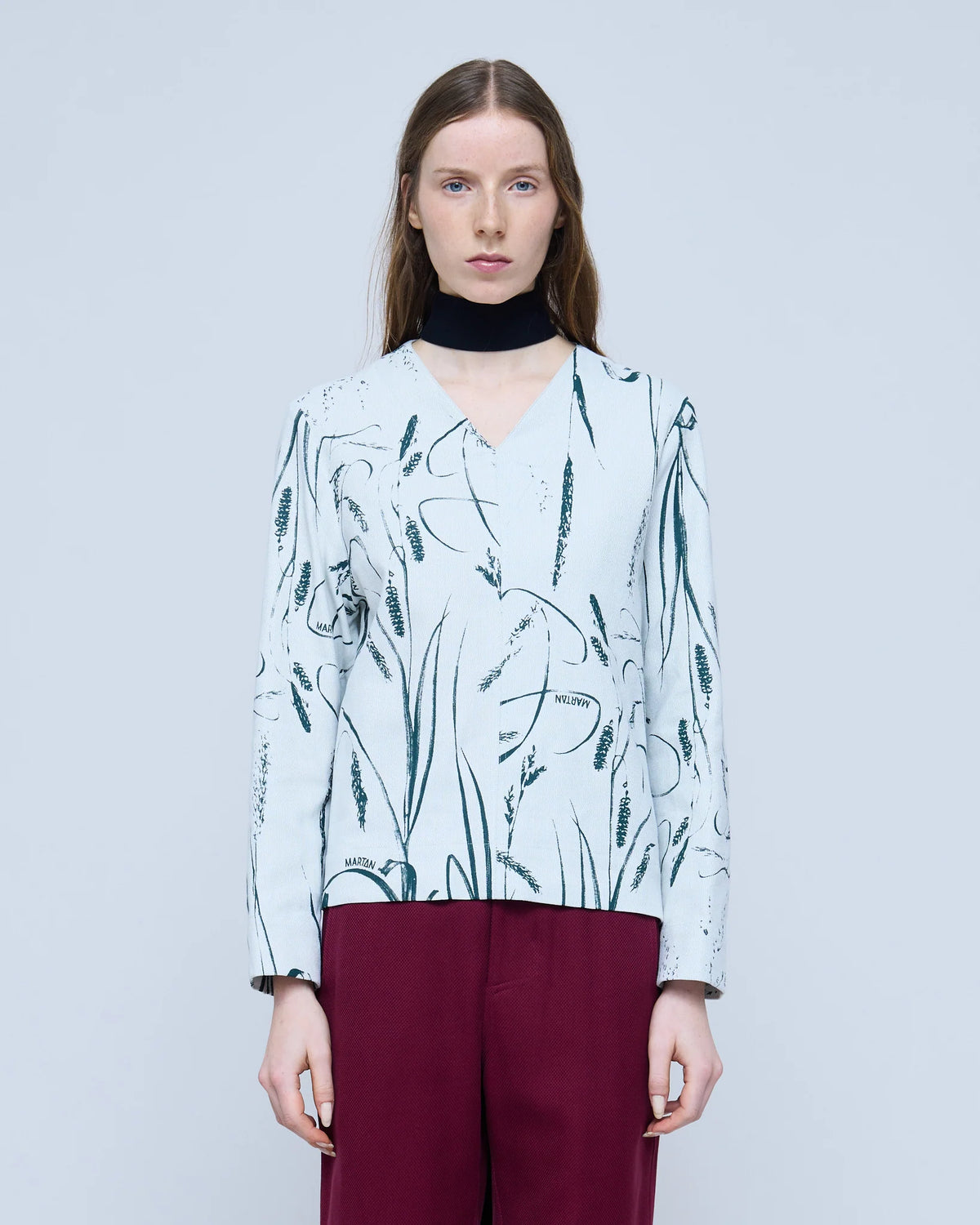 Martan Sasha Top in Reedprint Ice Grey and Green, front view
