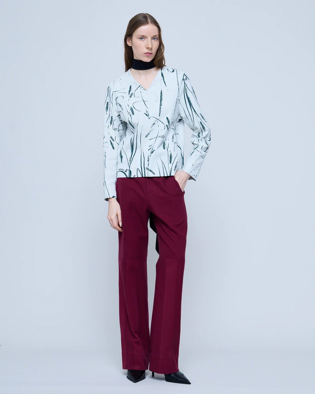 Martan Sasha Top in Reedprint Ice Grey and Green, full-length front view