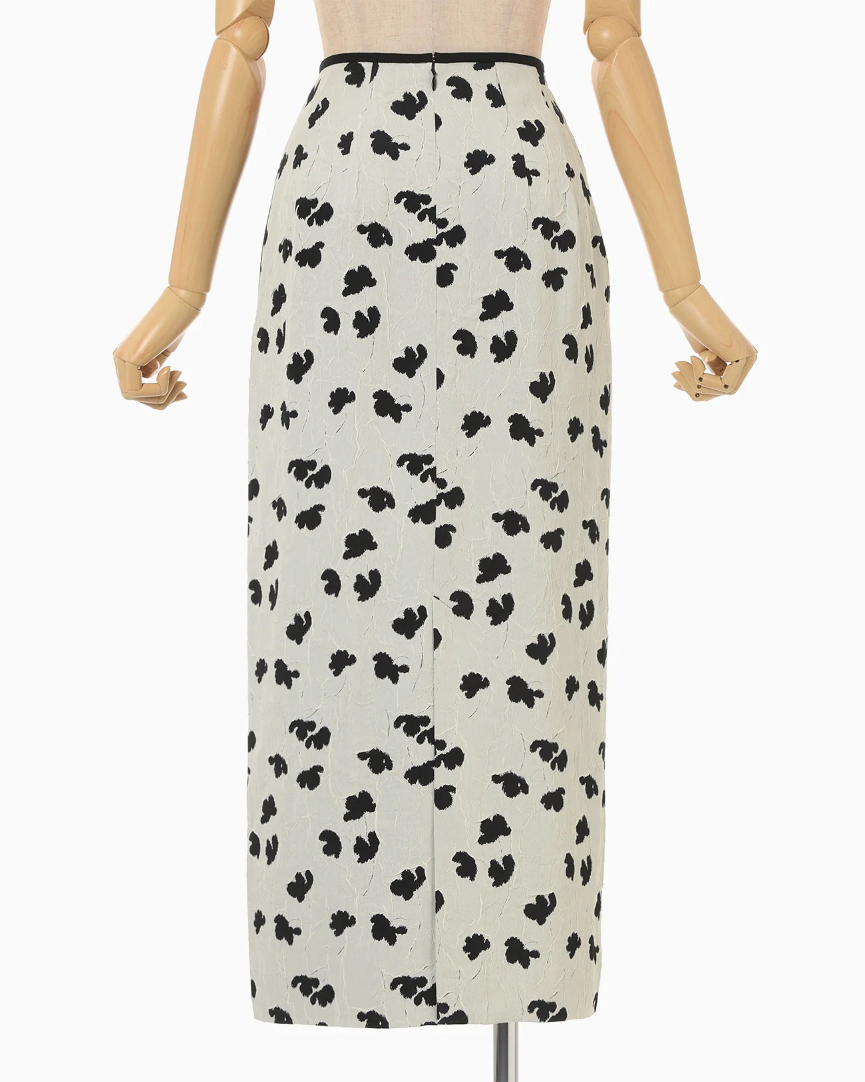 Mame Kurogouchi Double Layered Floral Jacquard Skirt in Ecru — back view on dress form