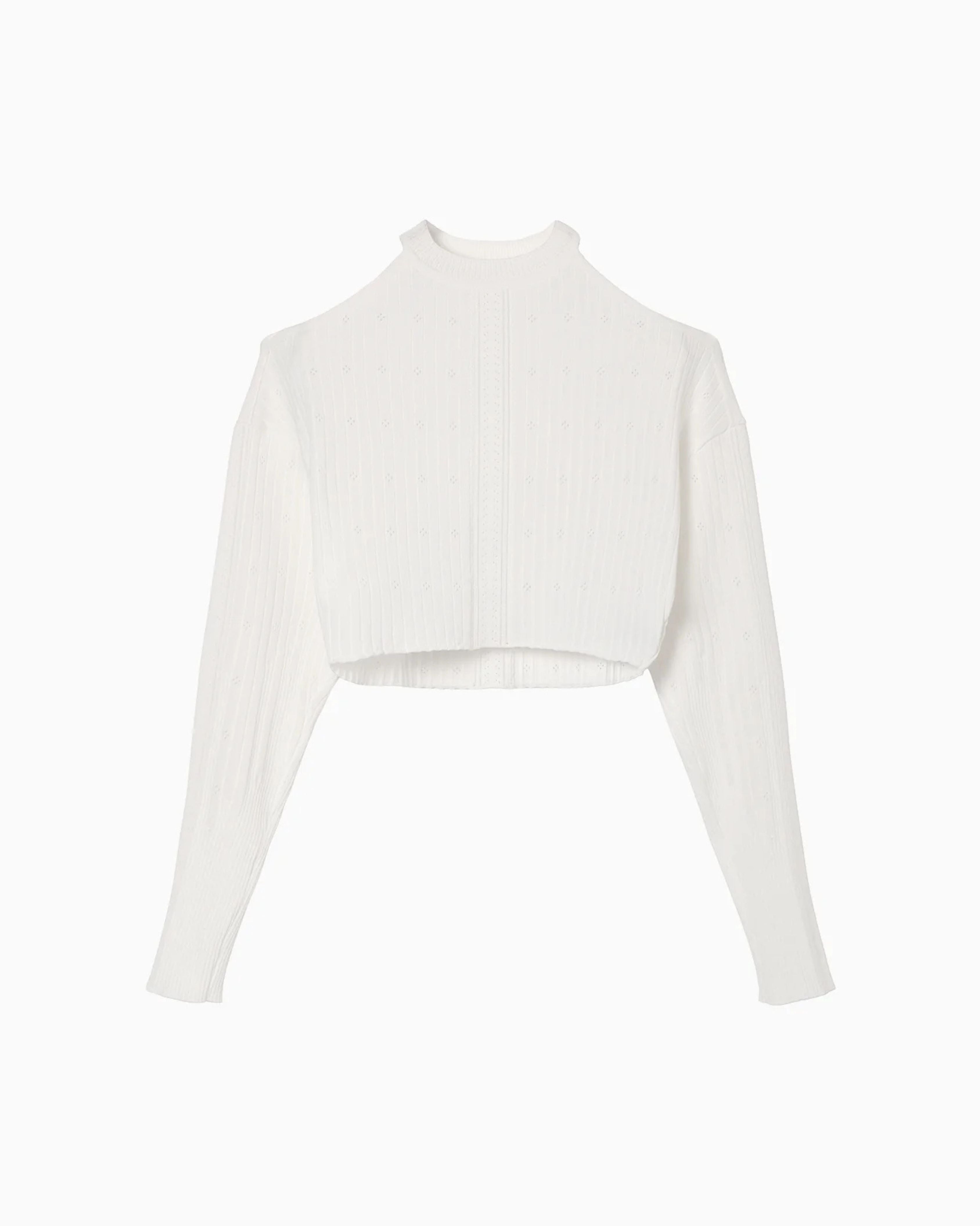 Mame Kurogouchi Ribbed Eyelet Knit Long Sleeve Top in White — front flat lay