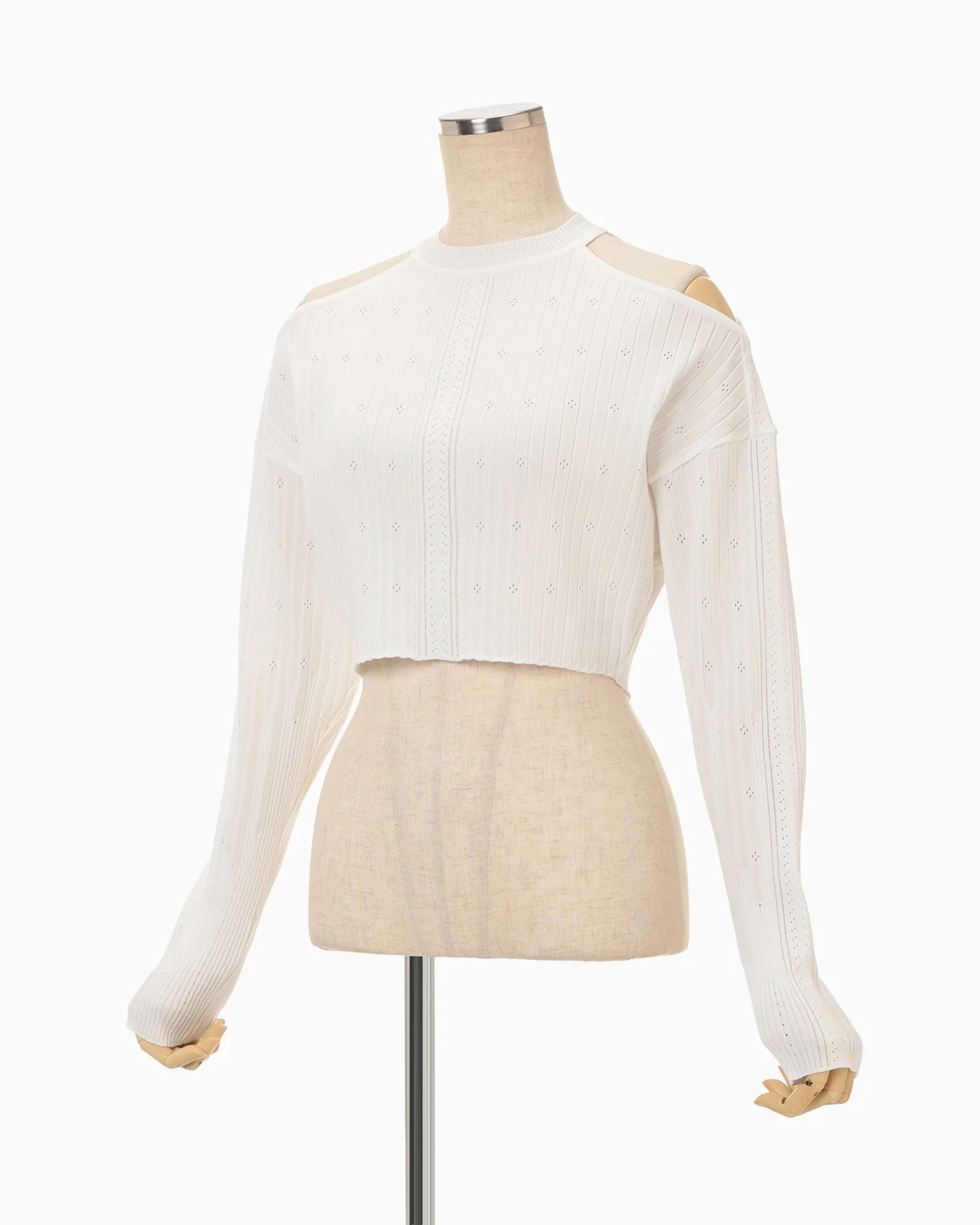 Mame Kurogouchi Ribbed Eyelet Knit Long Sleeve Top in White — front three-quarter view on dress form