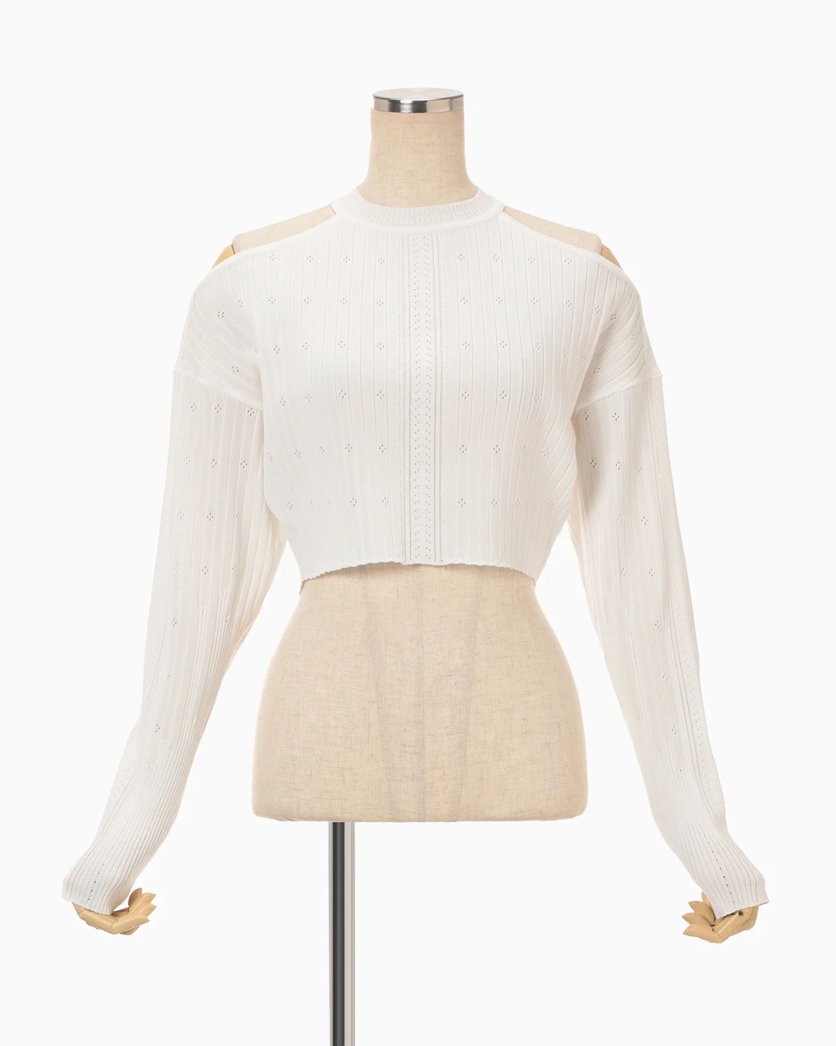 Mame Kurogouchi Ribbed Eyelet Knit Long Sleeve Top in White — front  view on dress form