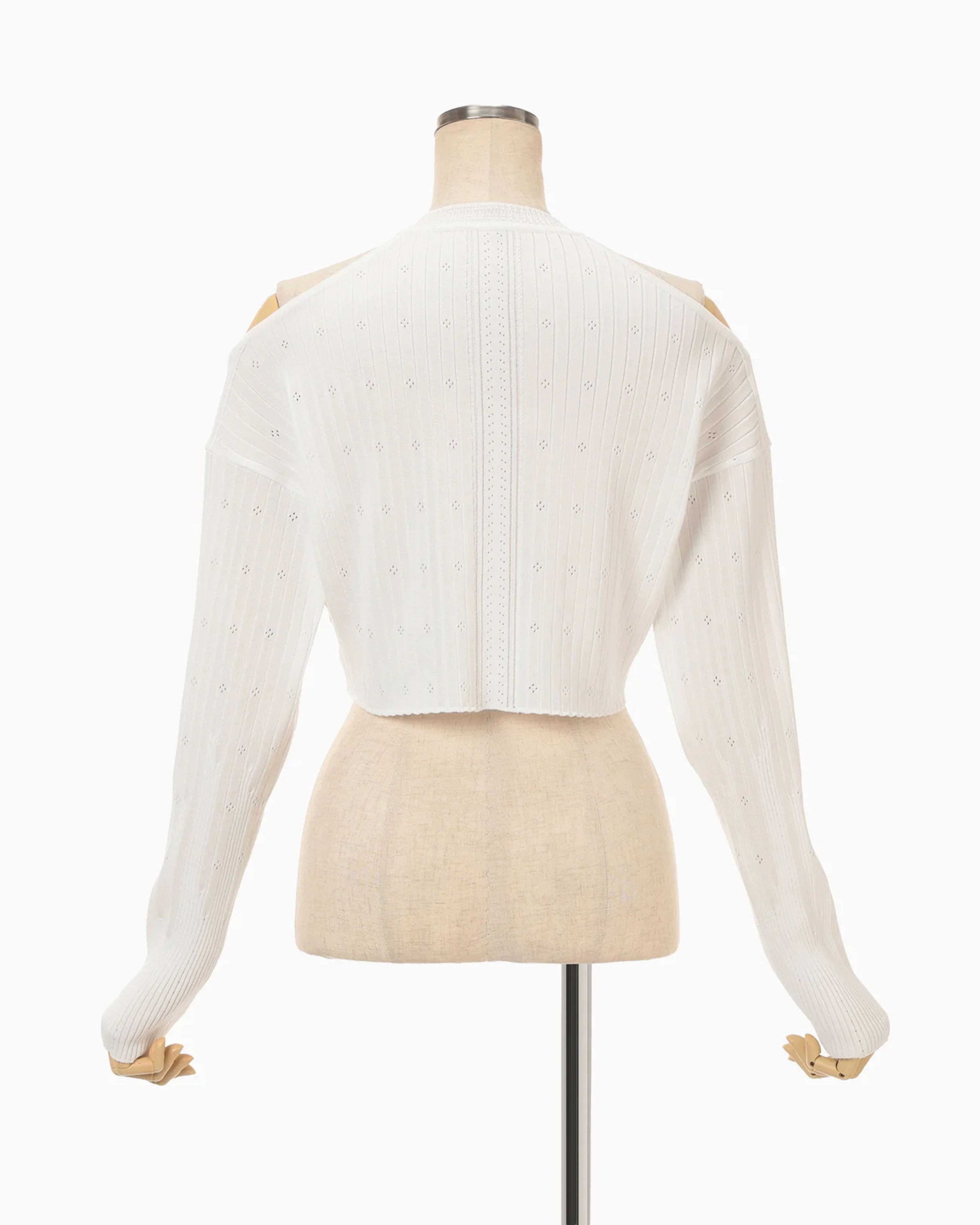 Mame Kurogouchi Ribbed Eyelet Knit Long Sleeve Top in White — back view on dress form