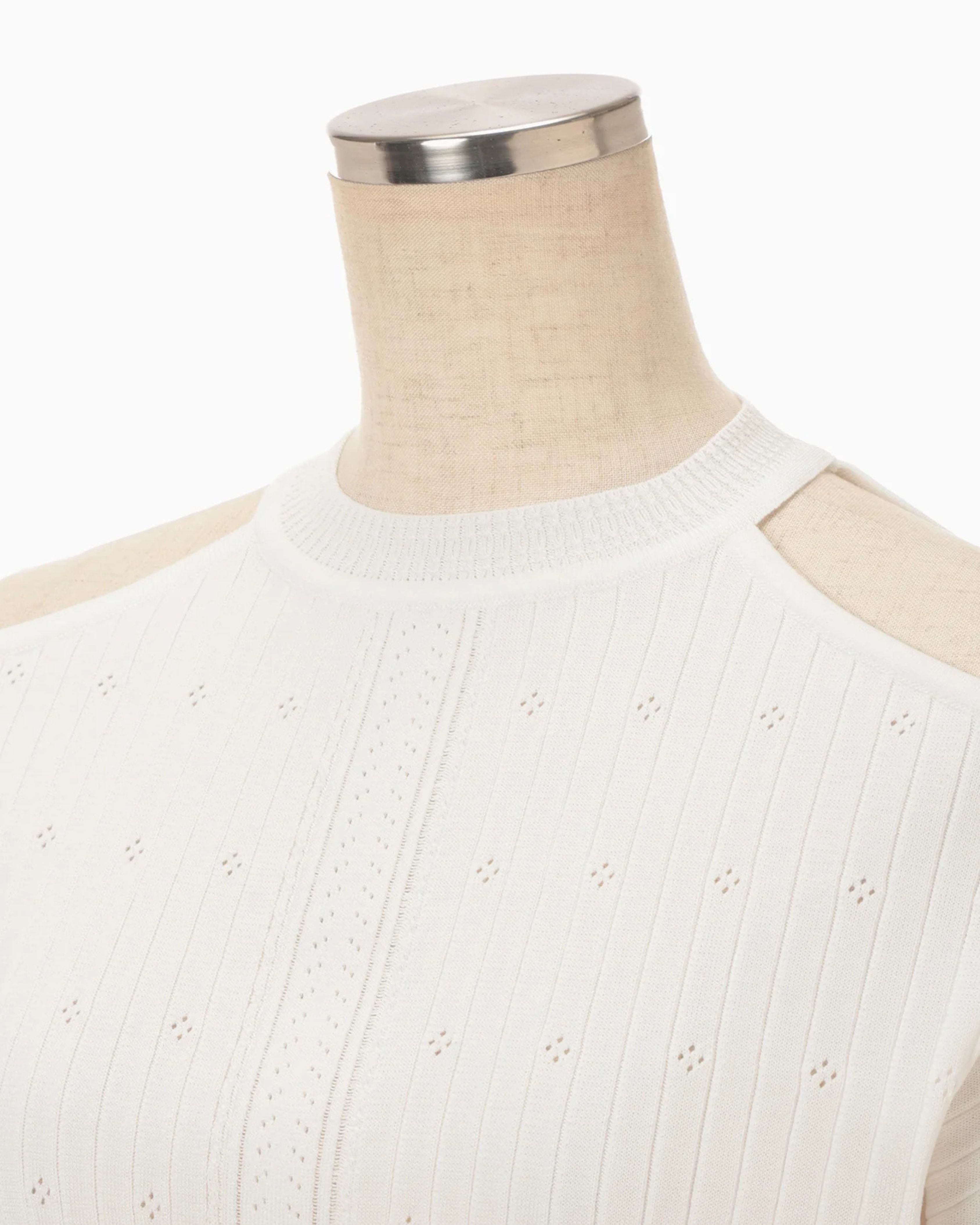 Mame Kurogouchi Ribbed Eyelet Knit Long Sleeve Top in White — detail view of neckline and eyelet texture