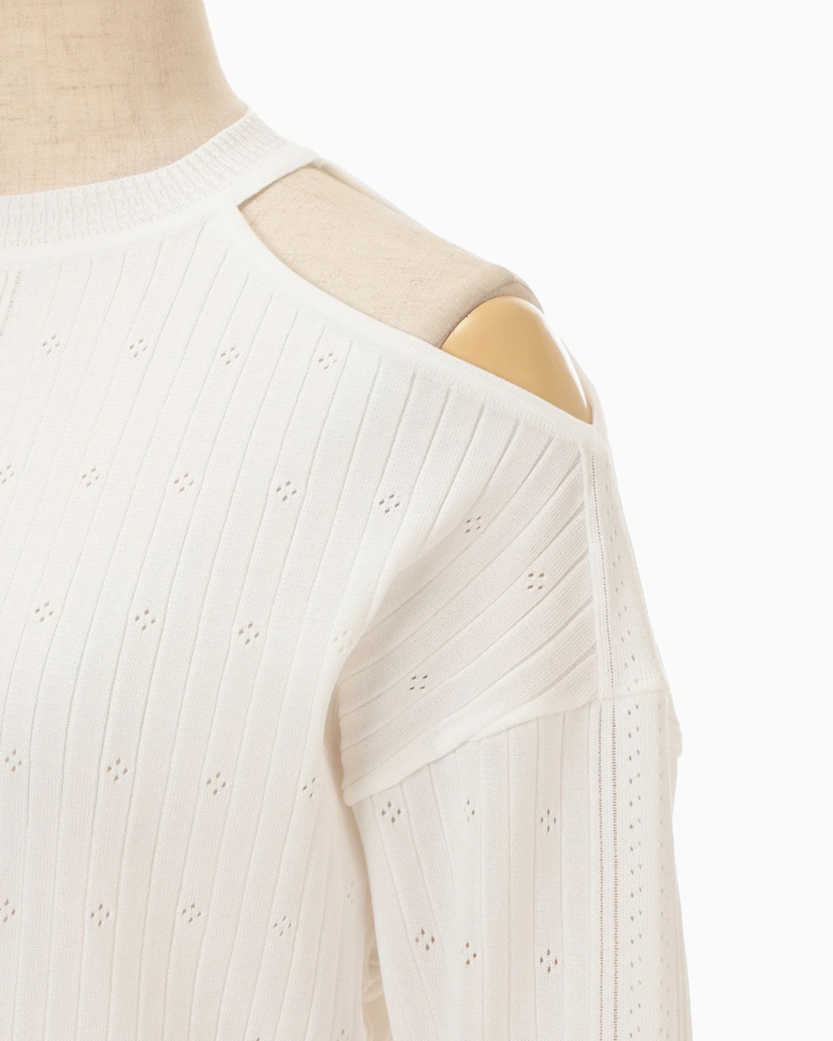 Mame Kurogouchi Ribbed Eyelet Knit Long Sleeve Top in White — detail view of shoulder cutout, front