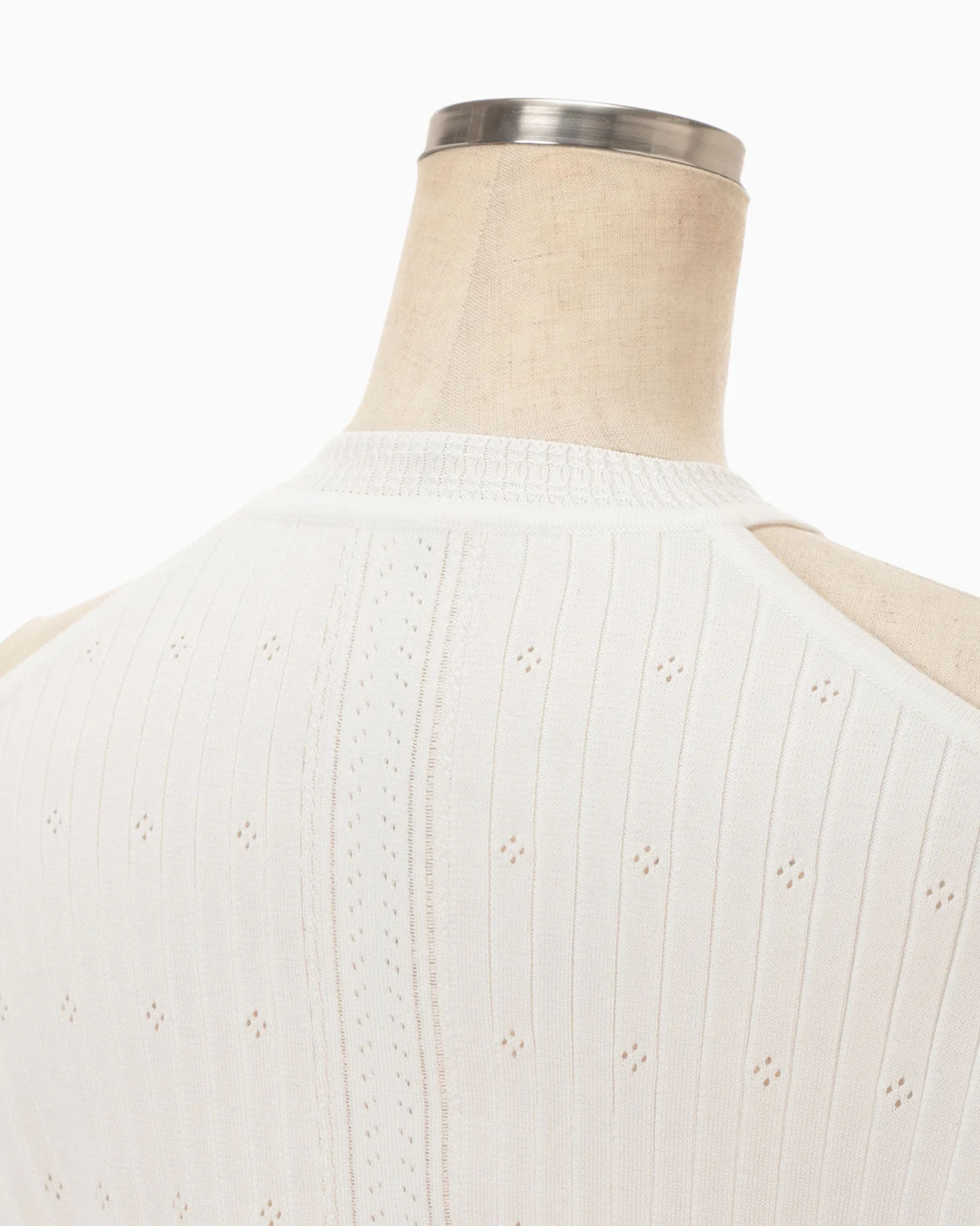 Mame Kurogouchi Ribbed Eyelet Knit Long Sleeve Top in White — back detail view of neckline and shoulder