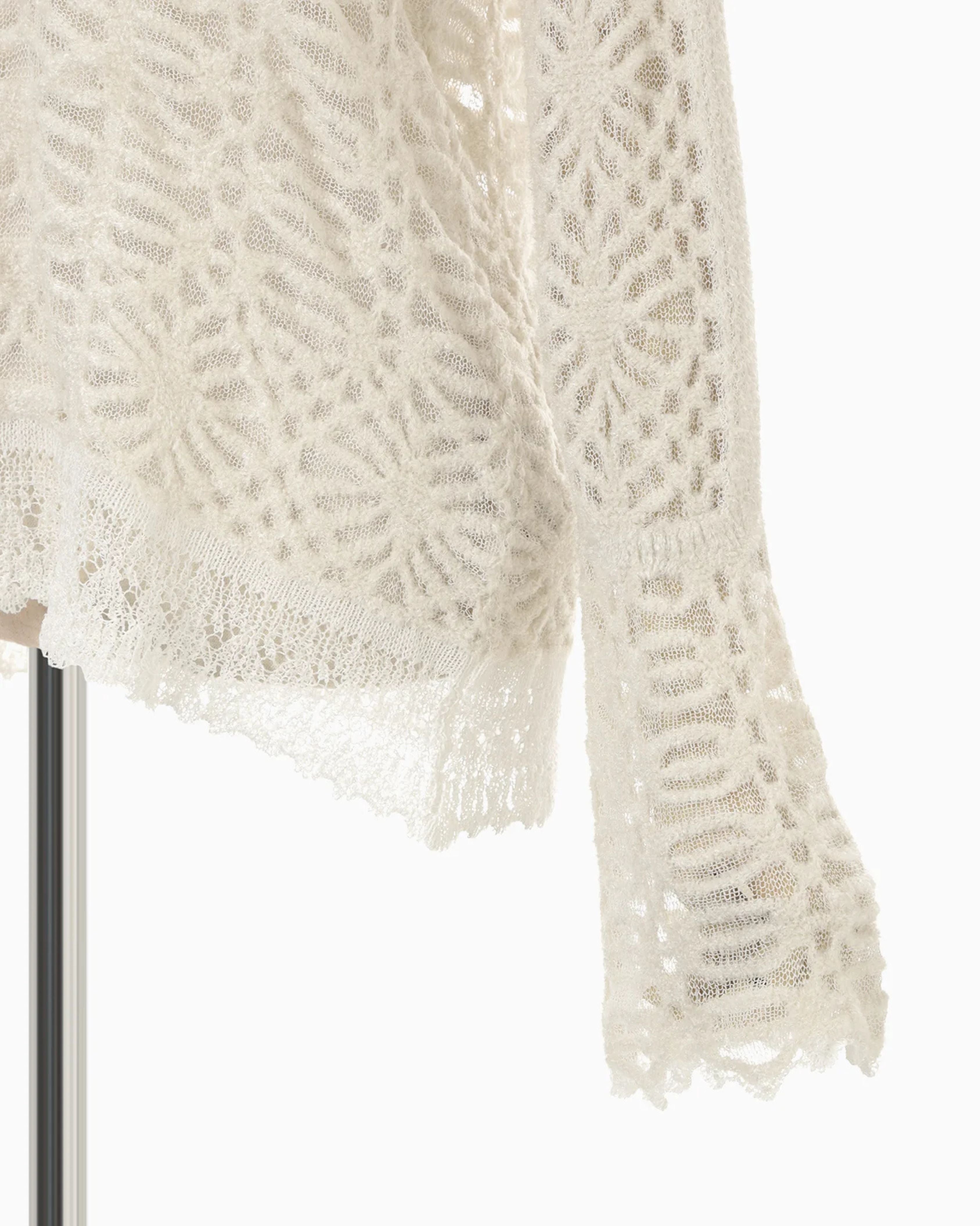Mame Kurogouchi Sheer Jacquard Mole Knit Top in Ecru — detail view of sleeve and lace trim