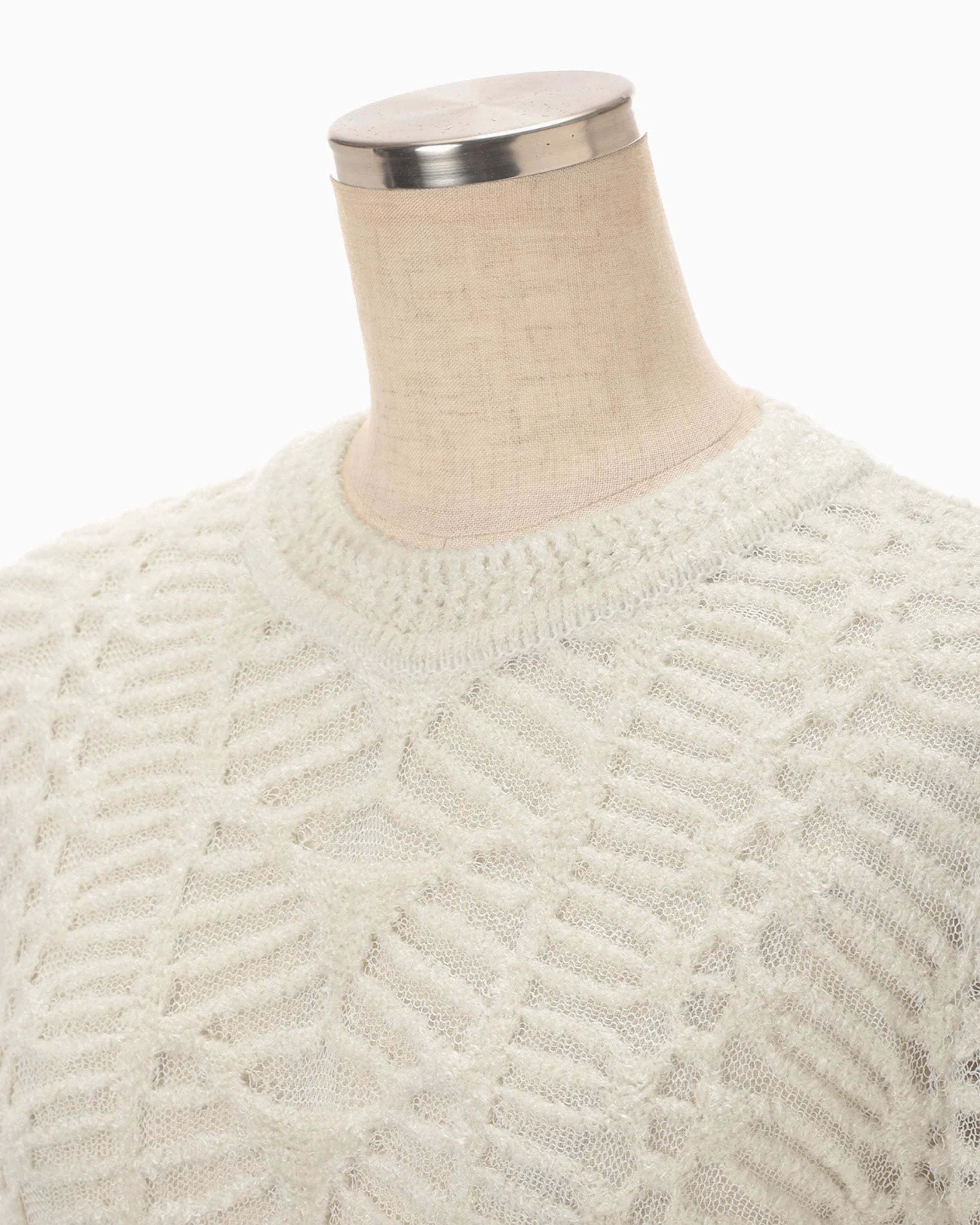 Mame Kurogouchi Sheer Jacquard Mole Knit Top in Ecru — detail view of neckline and knit texture