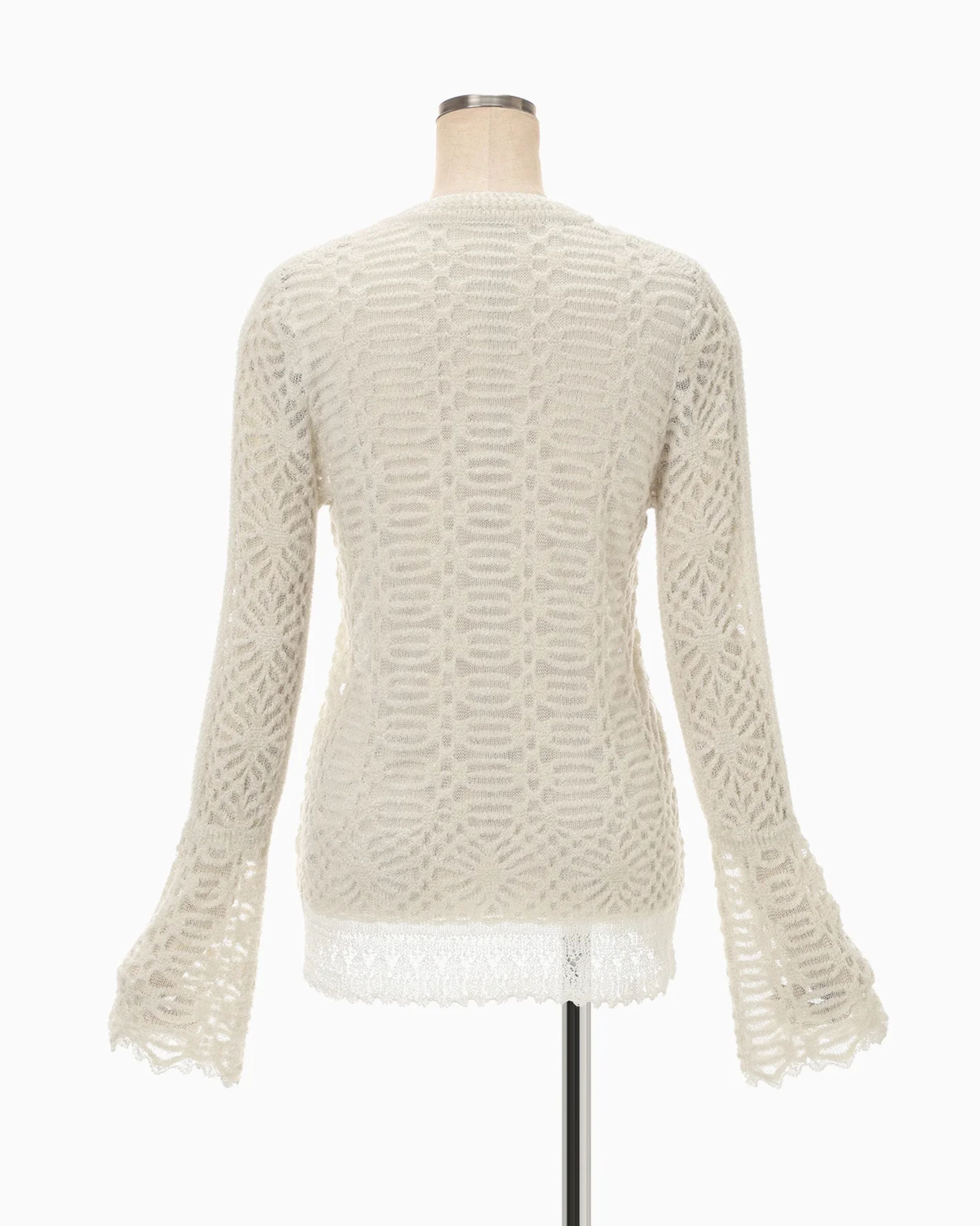 Mame Kurogouchi Sheer Jacquard Mole Knit Top in Ecru — back view on dress form