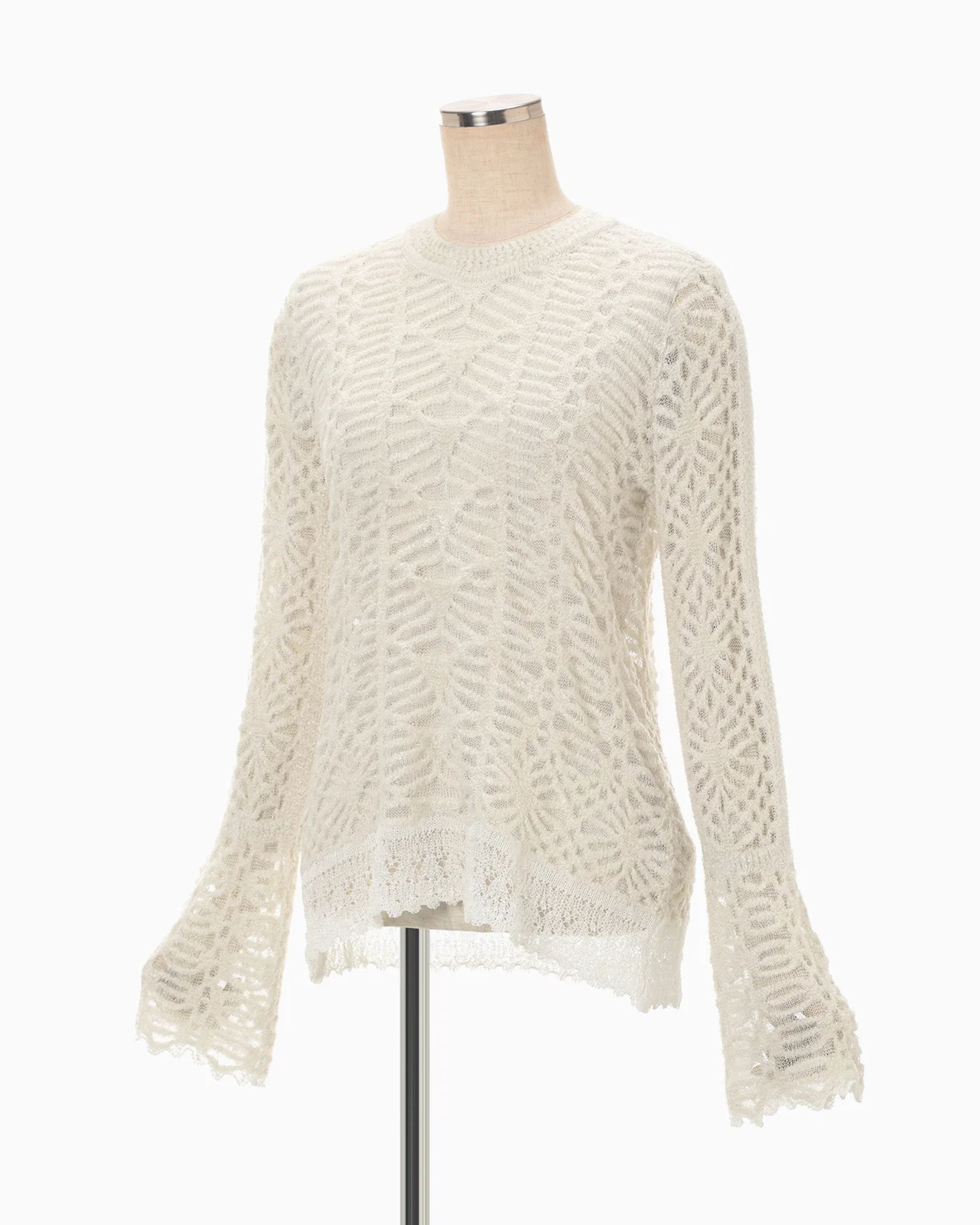 Mame Kurogouchi Sheer Jacquard Mole Knit Top in Ecru — front three-quarter view on mannequin