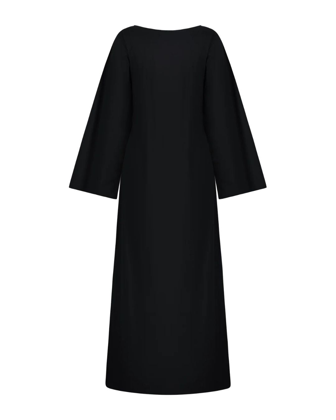 Marlies Grace Ocean Dress in Black side view showing deep cut-out and wide sleeves, Experience 27