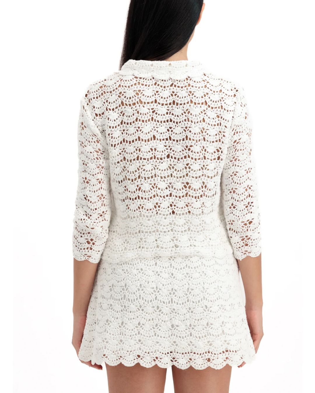 Marlies Grace Rosamund Top in ivory white hand crochet — back view on model with matching Rosamund Mini Skirt, white background
