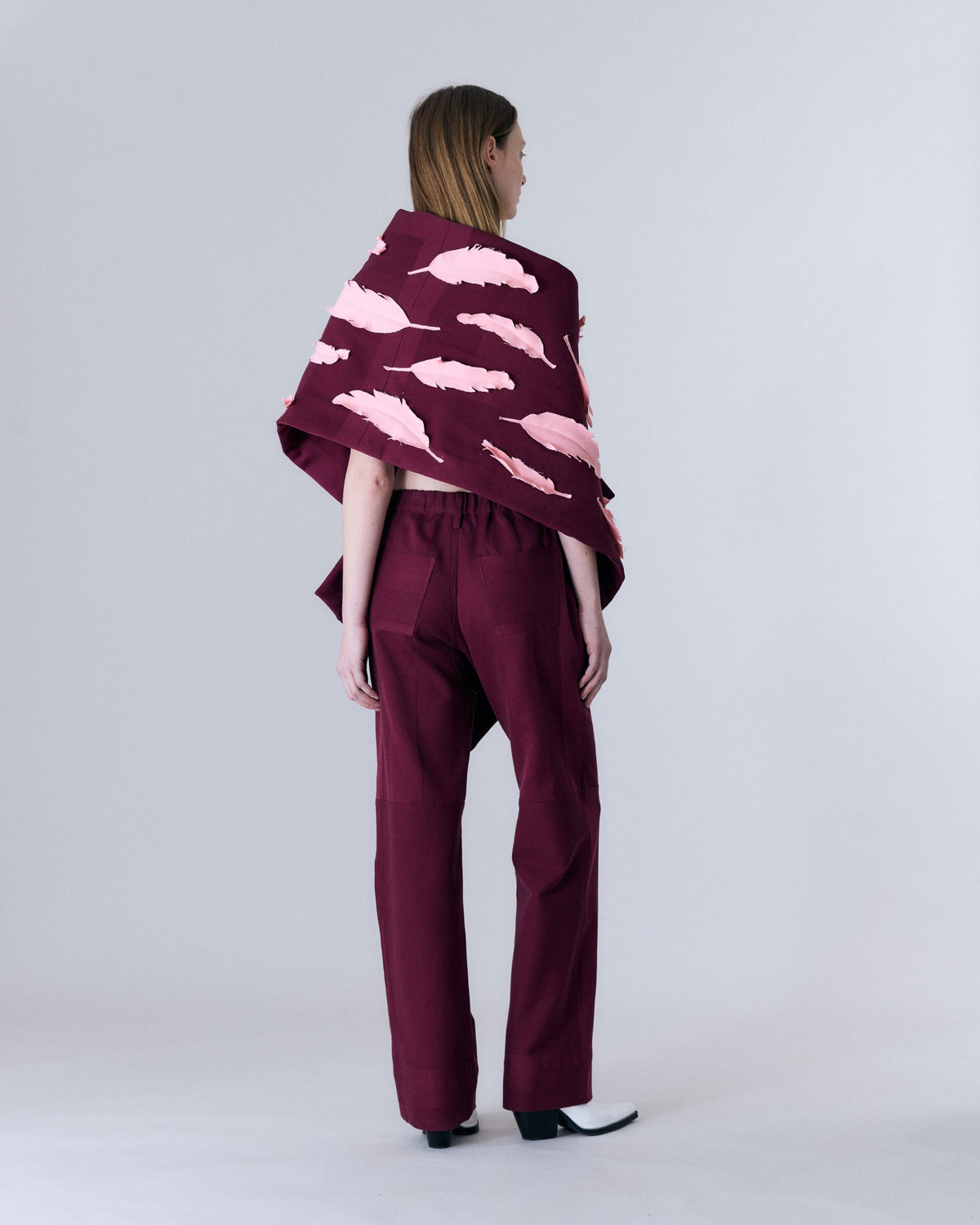 MARTAN Sorin Scarf in Plum Purple Feathers styled across the shoulders, rear view