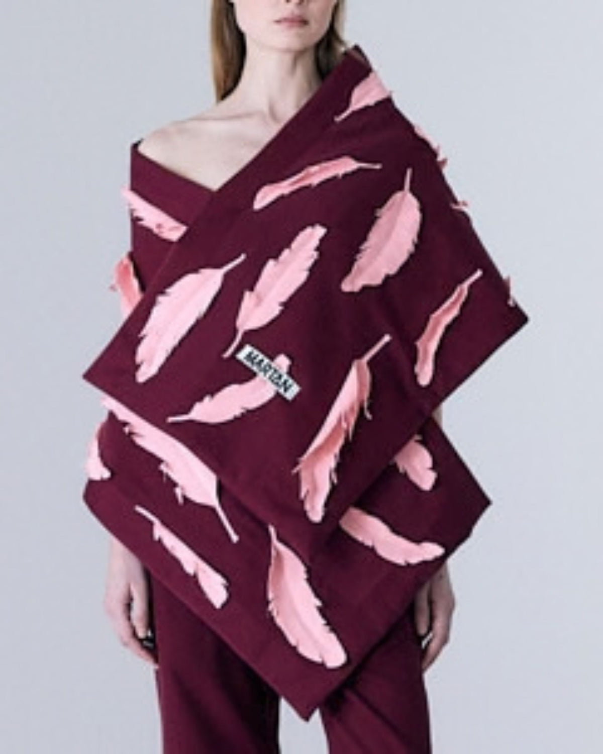 MARTAN Sorin Scarf in plum purple with contrasting pink feather appliqués