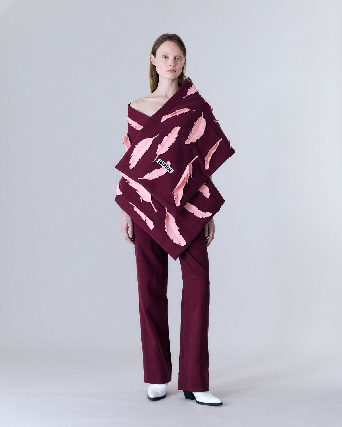 1. MARTAN Sorin Scarf in Plum Purple Feathers styled as an oversized wrap, front view