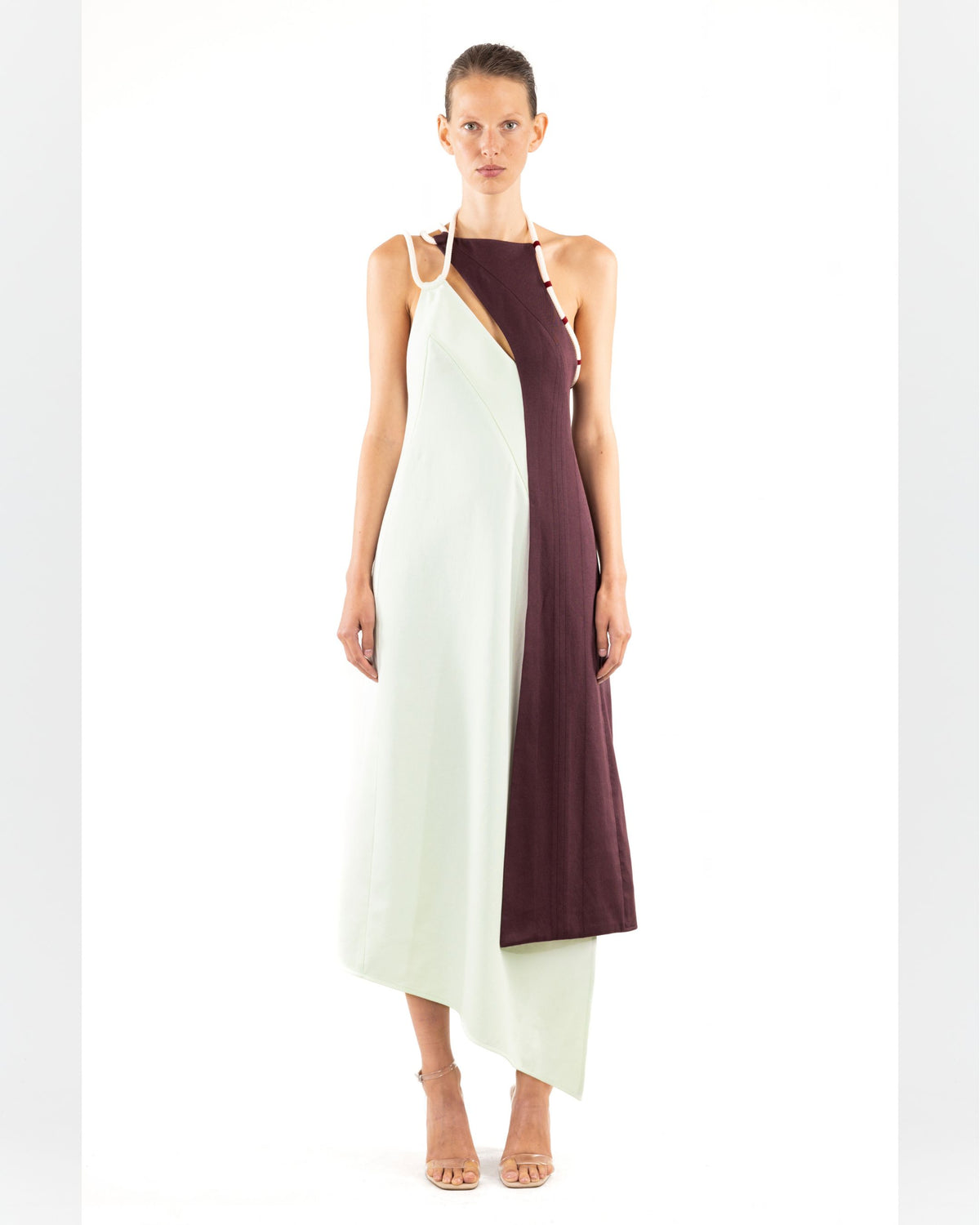 MARTAN Zoey Dress in Misty and Plum, front view showing colour-block panels and asymmetric hem
